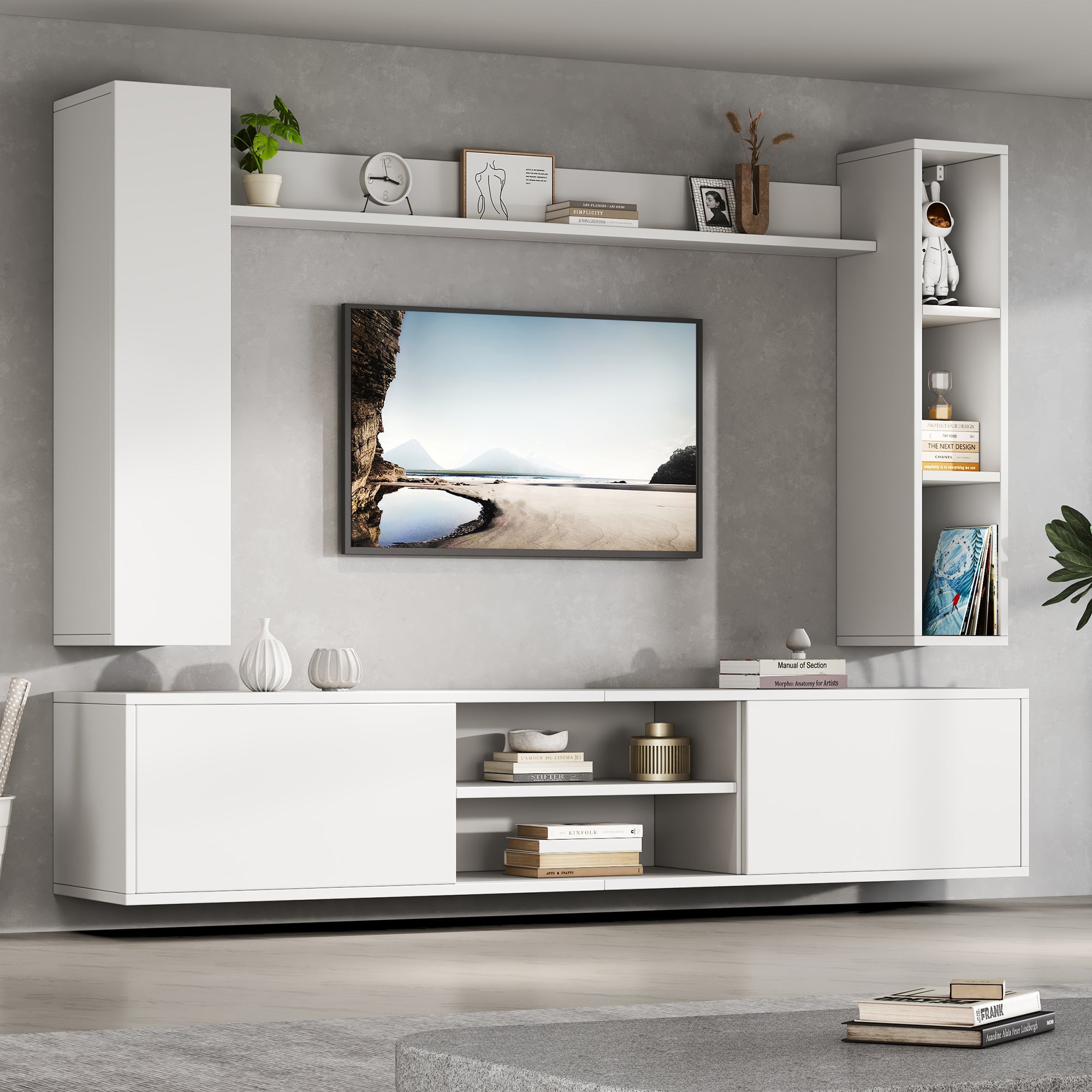TV Wall Unit Set, 4-Piece Media with Display Cabinets, TV Board, Shelves, White
