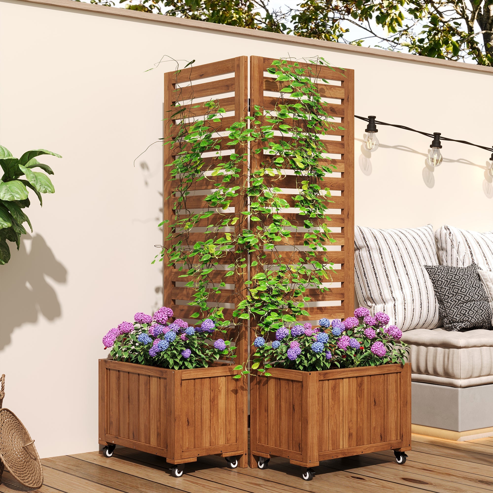 Planter Box with Trellis & Folding Wheels - Brown Solid Wood