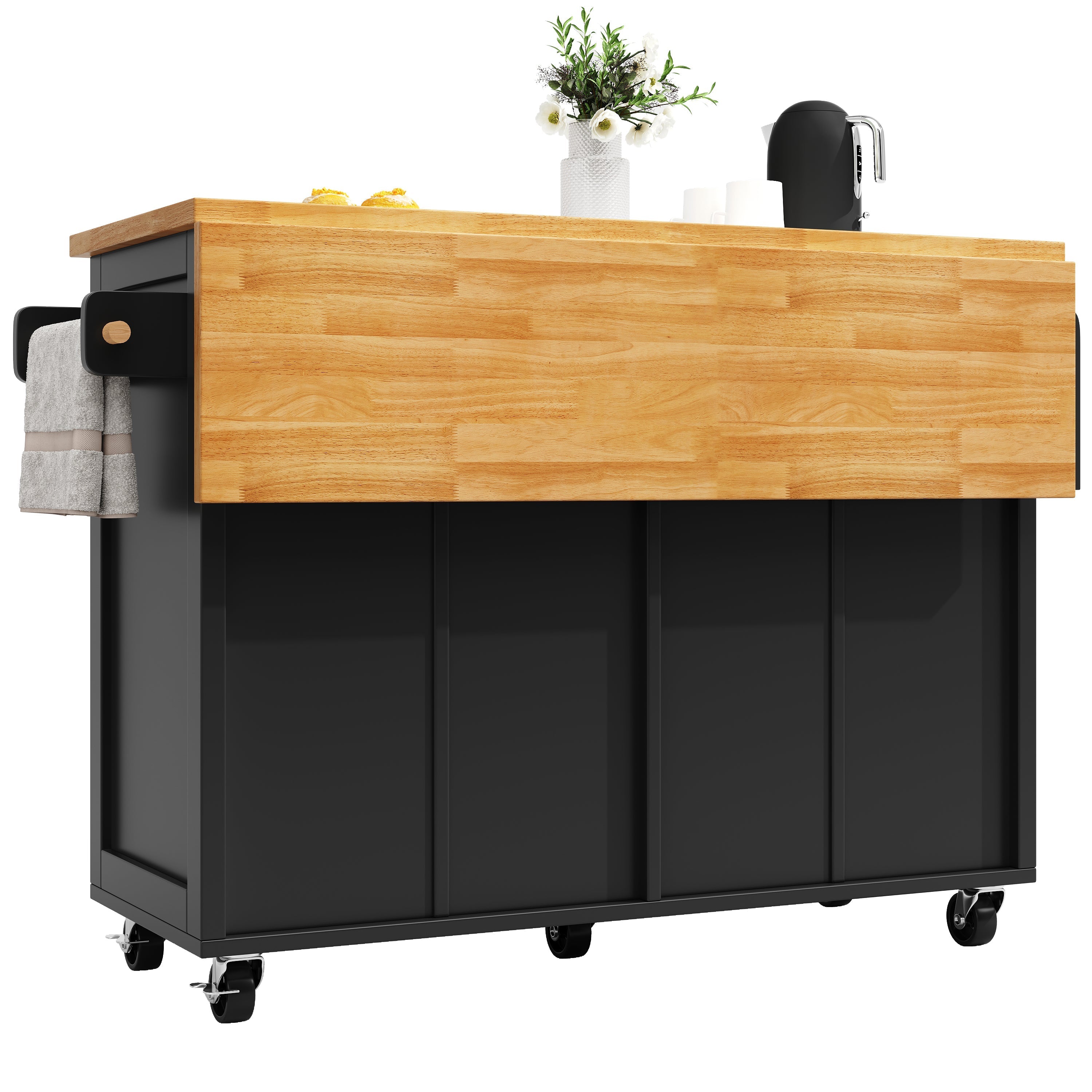 Kitchen Island Serving Trolley with Ample Storage and Adjustable Shelves, Black