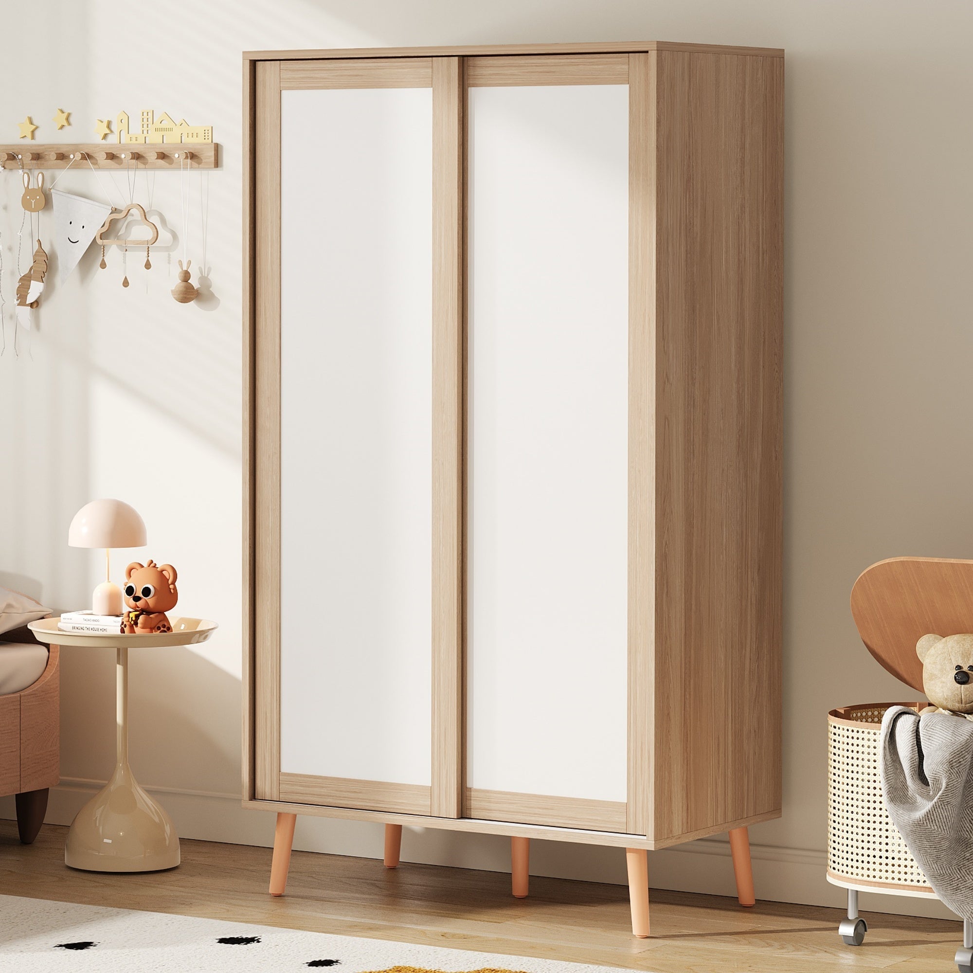 Children's Wardrobe Sliding Door Clothes Rail Solid Wood Legs, White/Natural Wood