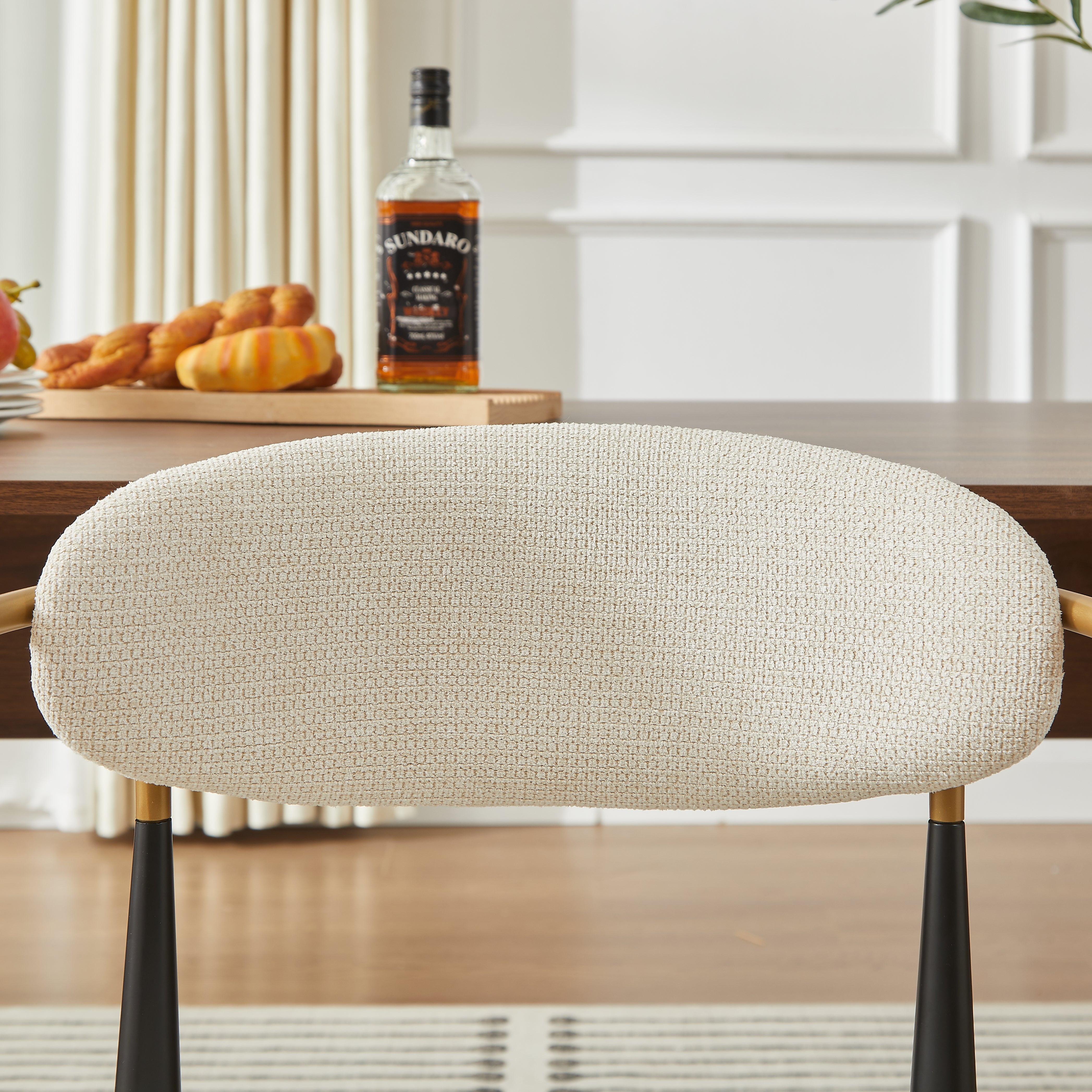 2-Piece Chair Set Metal Frame Black Gold Accent Beige Cushion