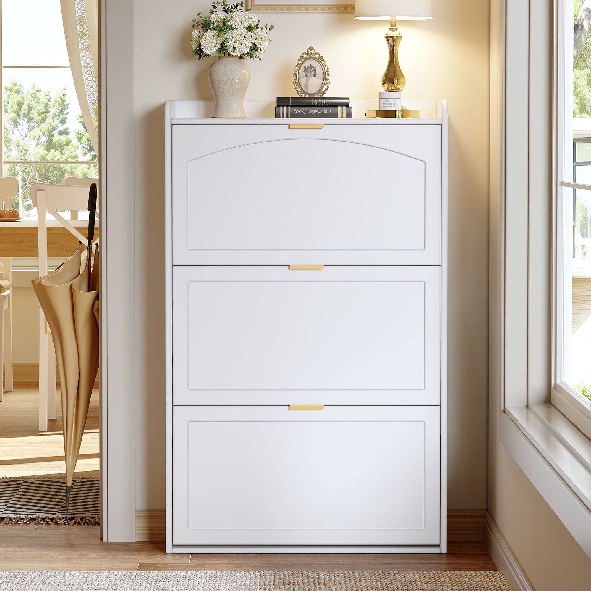 Narrow Shoe Cabinet 3 Flaps 76x23x118cm - White