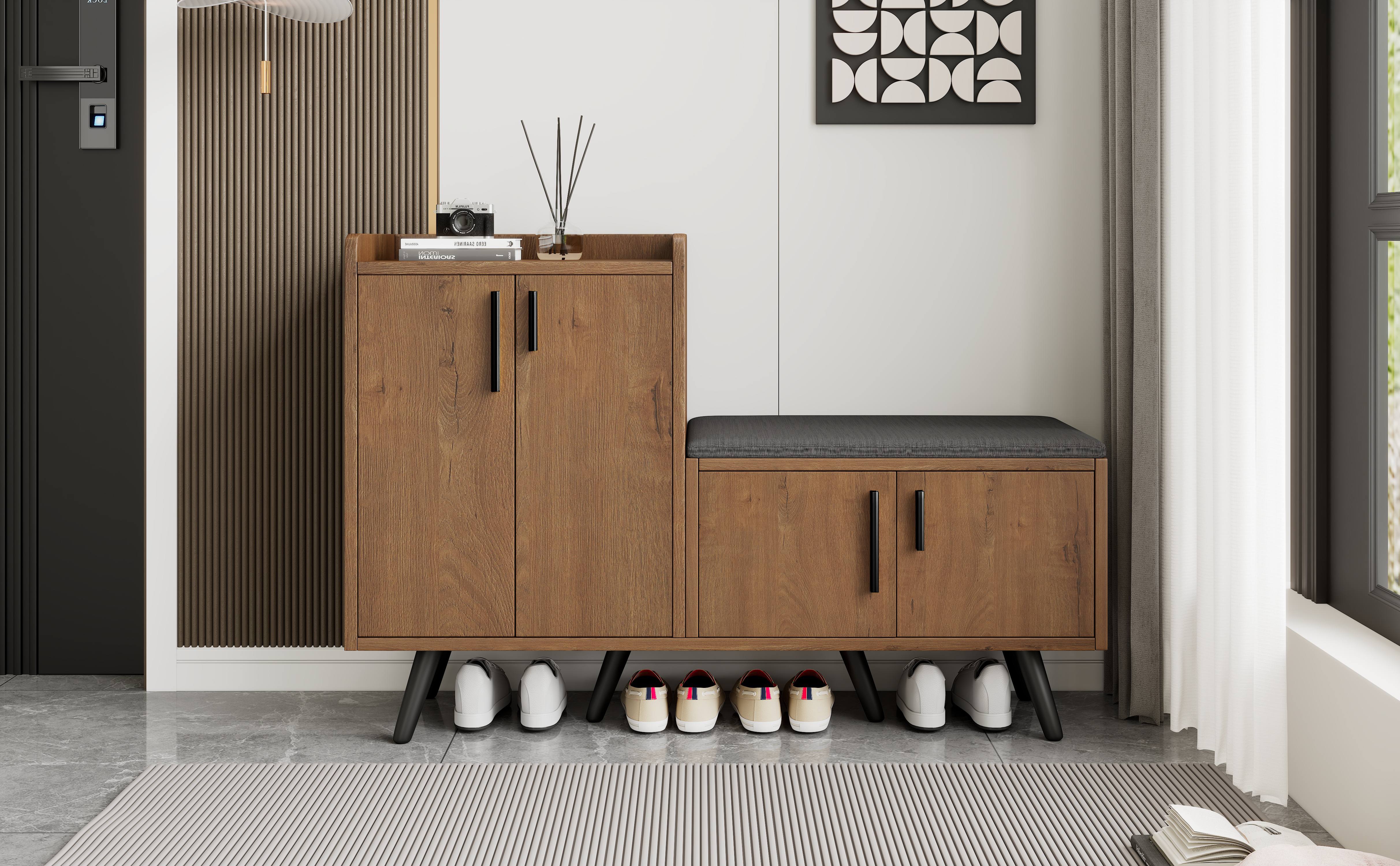 Modern shoe bench with wood grain, shoe cabinet, four storage doors, asymmetrical metal handles