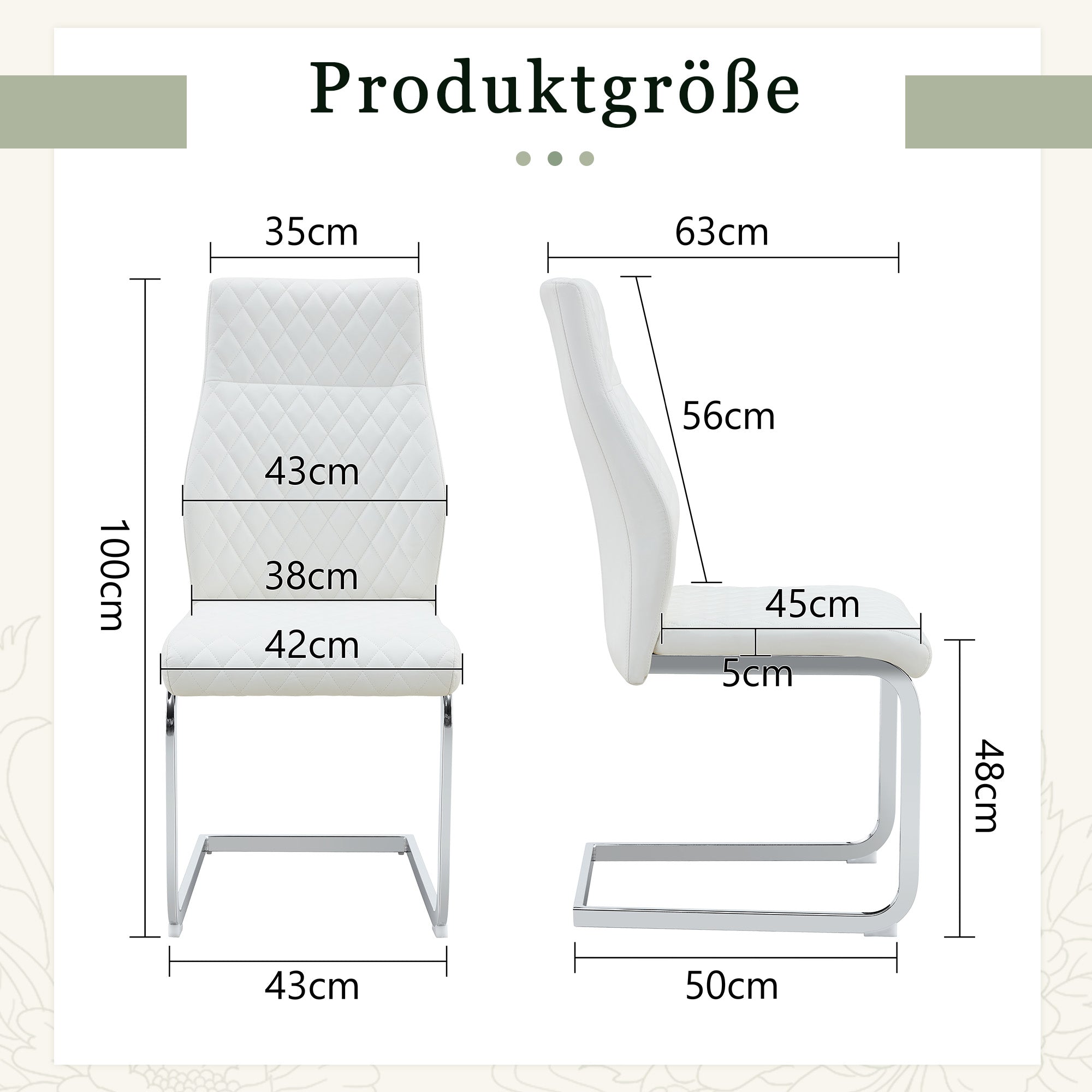 Dining Chair Set of 2 with High Backrest and Padded Seat, White PU Leather and Silver Metal