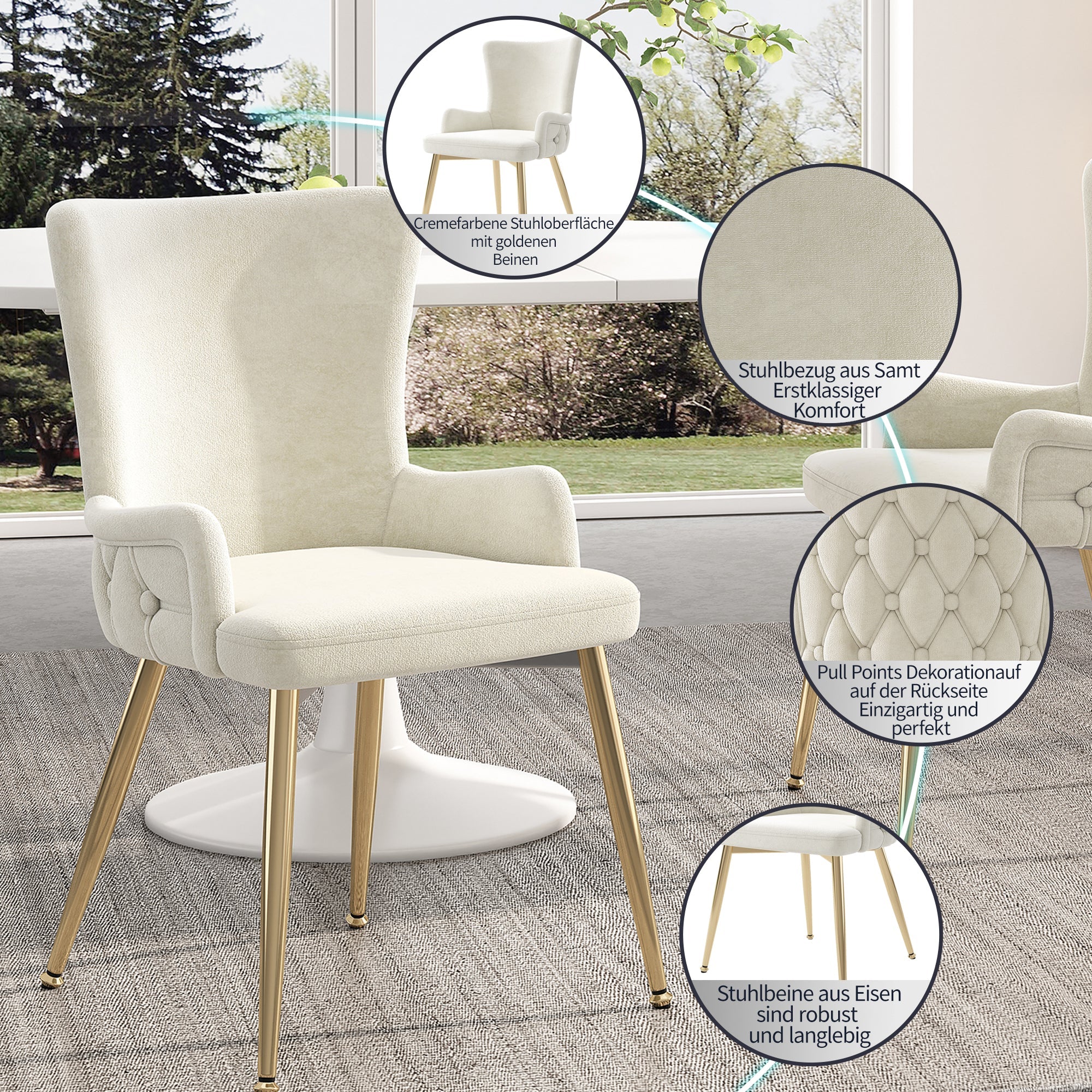 Velvet Dining/Lounge Chair Set of 2 Luxurious Gold Metal Legs - Beige