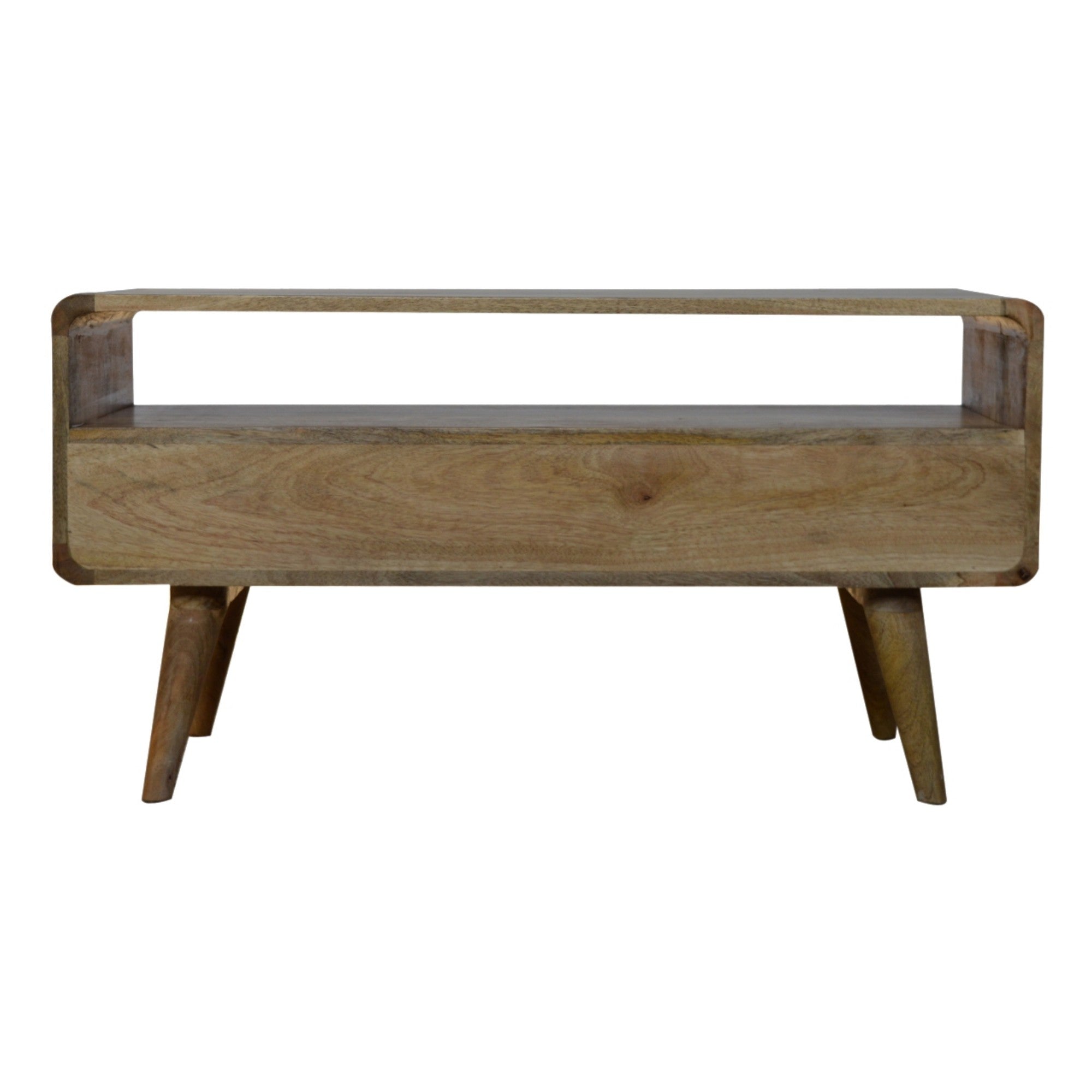 Solid Wood Curved Media Unit with 2 Drawers and Open Slot, Brown Oak-ish