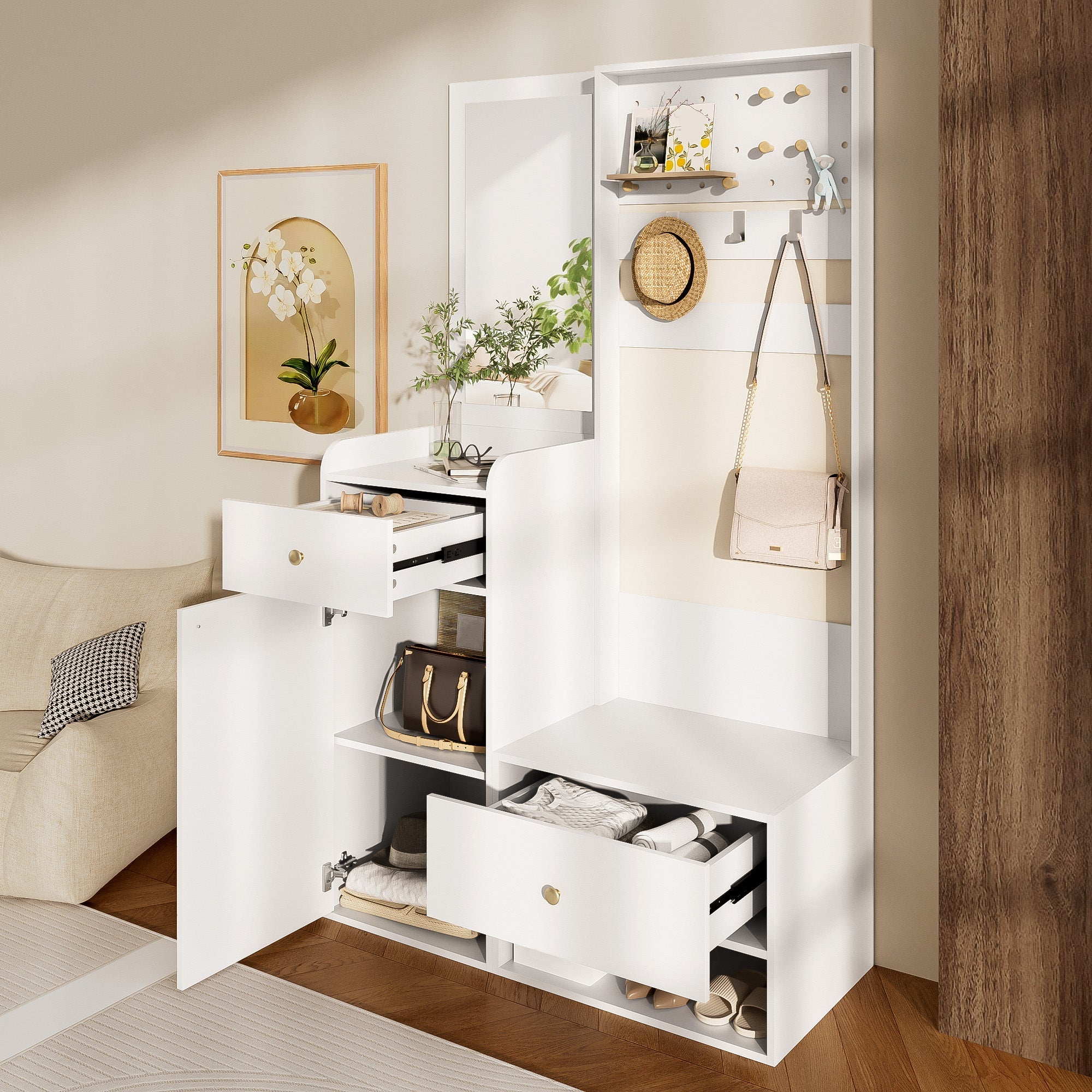 Compact Wardrobe, Entryway Shelf with Mirror, Adjustable Hooks, Shelves, 105 cm, White