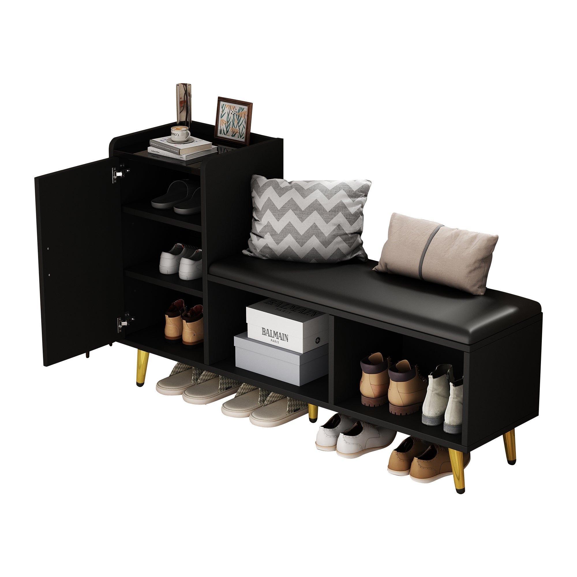 Shoe Cabinet, Multi-tiered Storage with Padded Seat & Gold Accessories, Black High Gloss