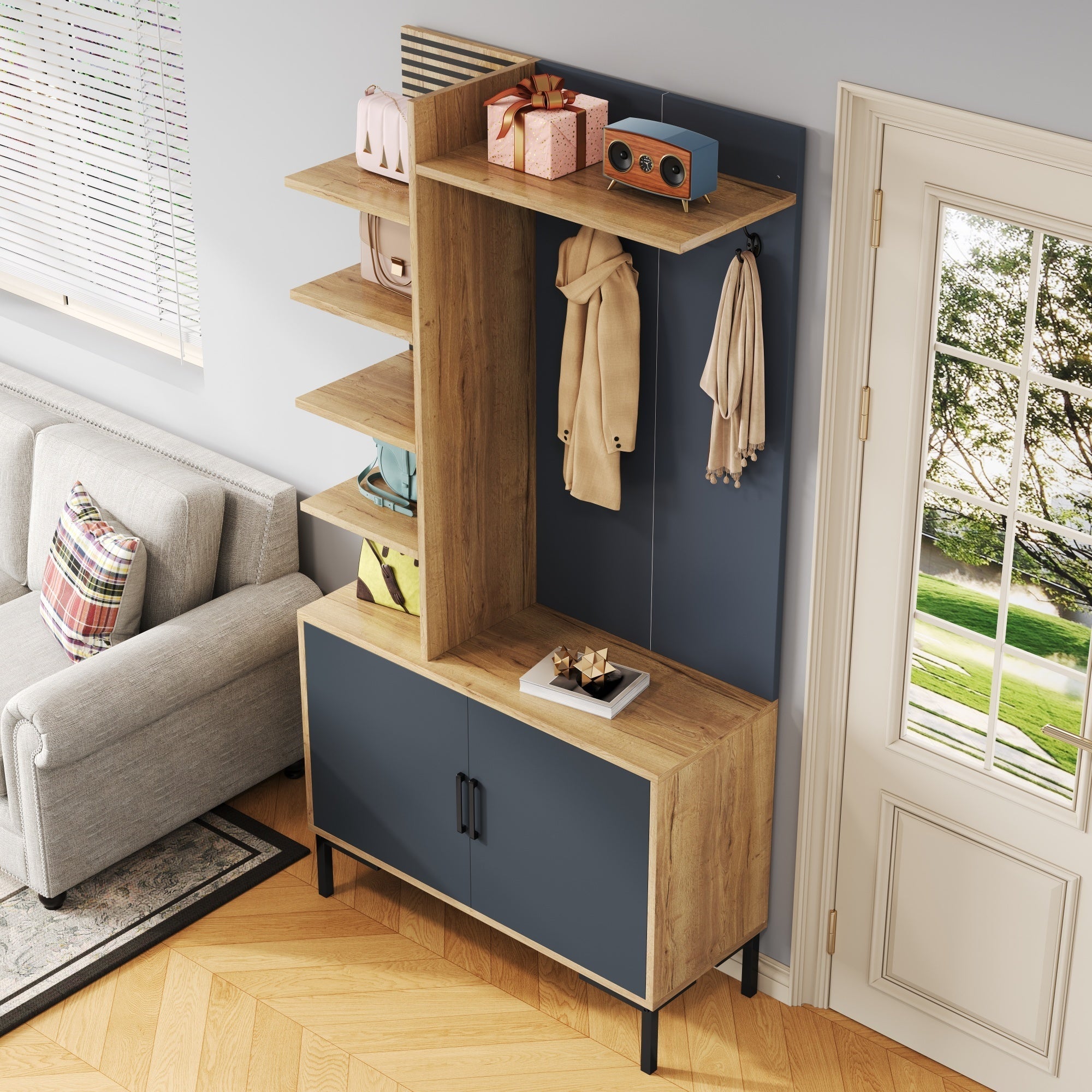Wardrobe Set with Shoe Compartment, Shelves, Adjustable Dividers, Hooks - Wood and Black