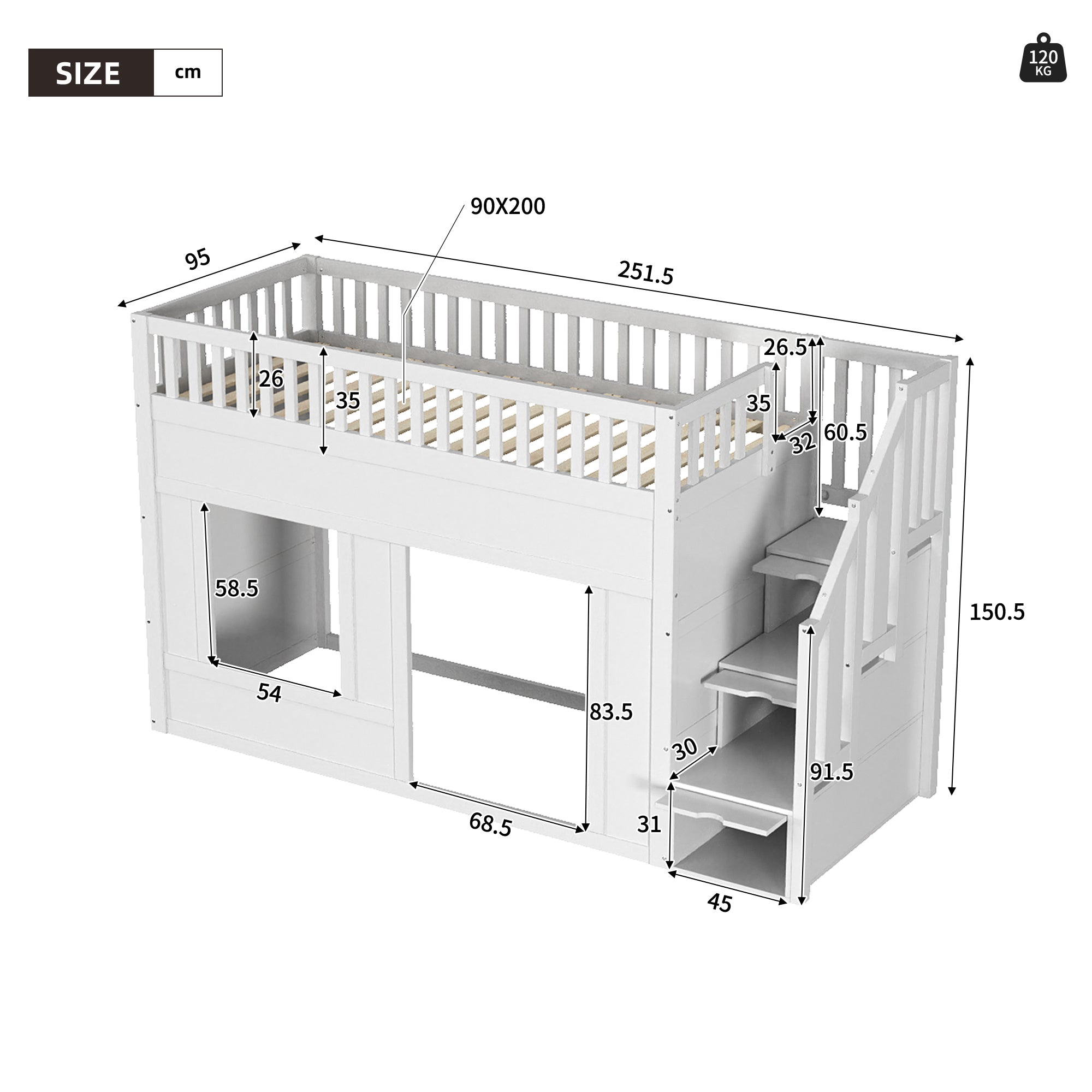 Bunk Loft Bed with Staircase Wardrobe and Convertible Play Area, 90x200cm, White