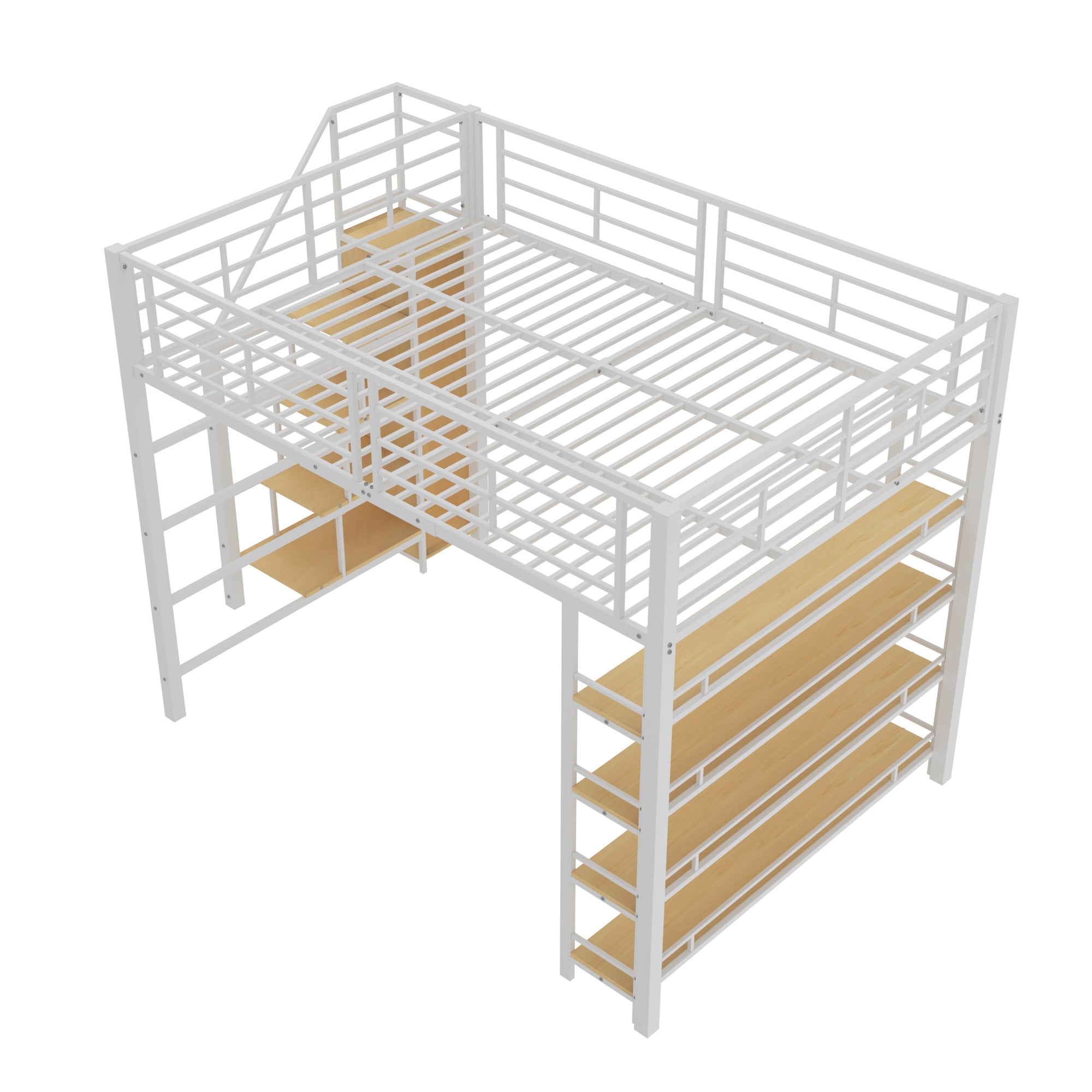 Loft Bed, 140*200 with Stairs, Storage, Wardrobe, Shelves, White