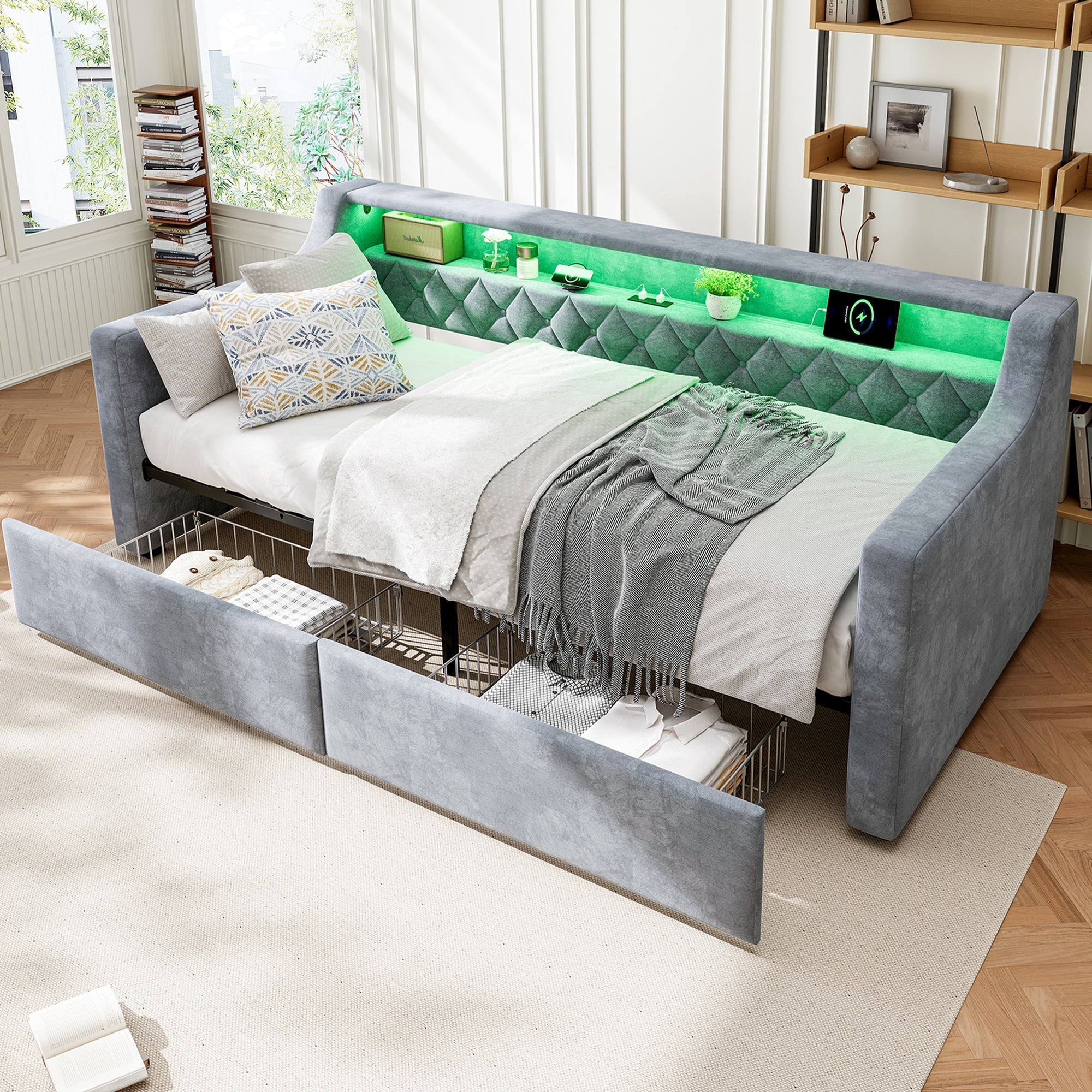 Upholstered Bed 3FT Single with Light Strip, Charging Port, 2 Drawers, Velvet Grey