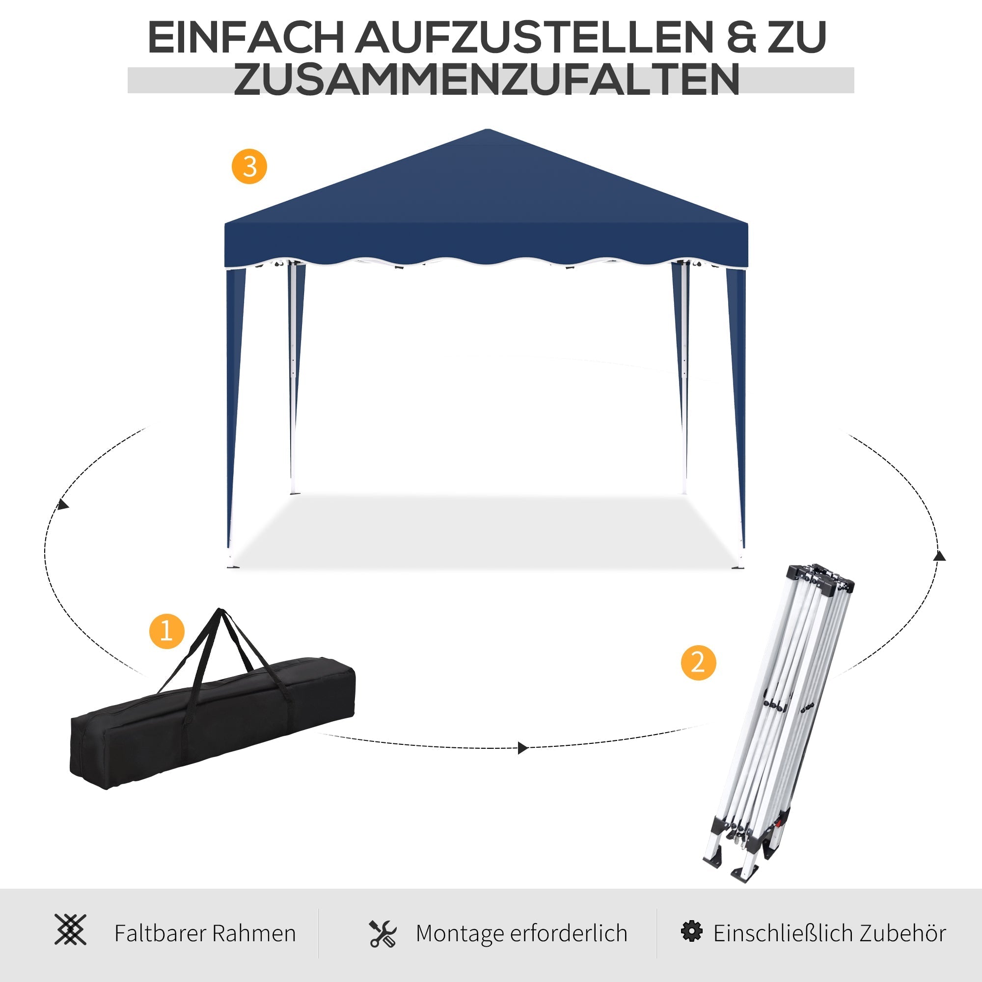 Faltpavillon 3x3m, höhenverstellbar mit Tragetasche, Stahl und Oxford-Blau