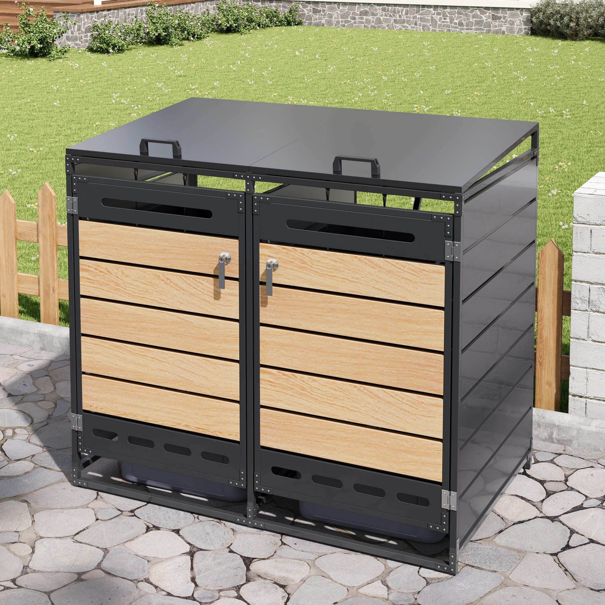 Bin Storage Unit with Hydraulic Lid and Slotted Ventilation, Iron with Wood-Look Cladding
