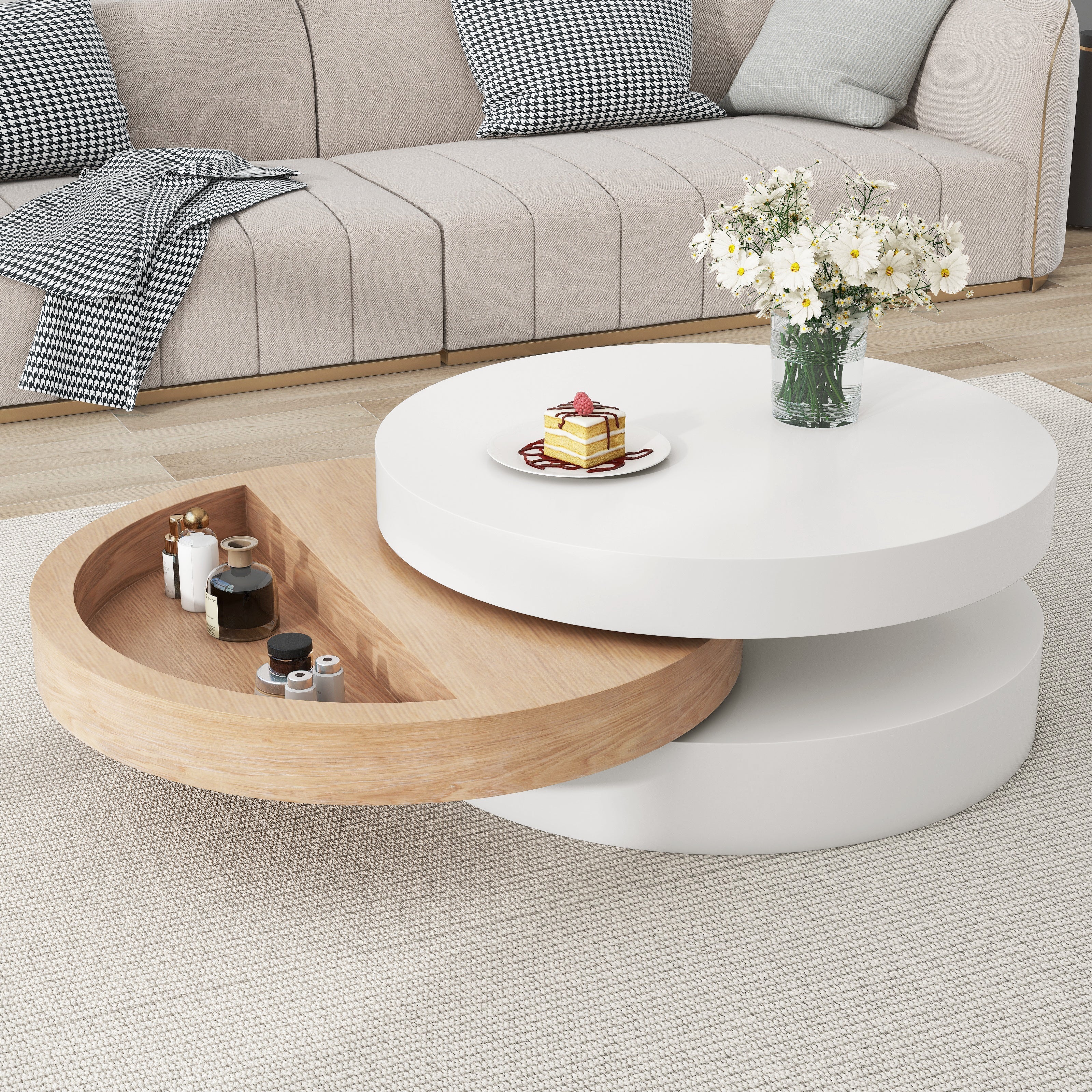 Cylindrical Coffee Table, 360° Rotate, 3-Tier Storage, 60x60x35.1 cm - Willow Wood