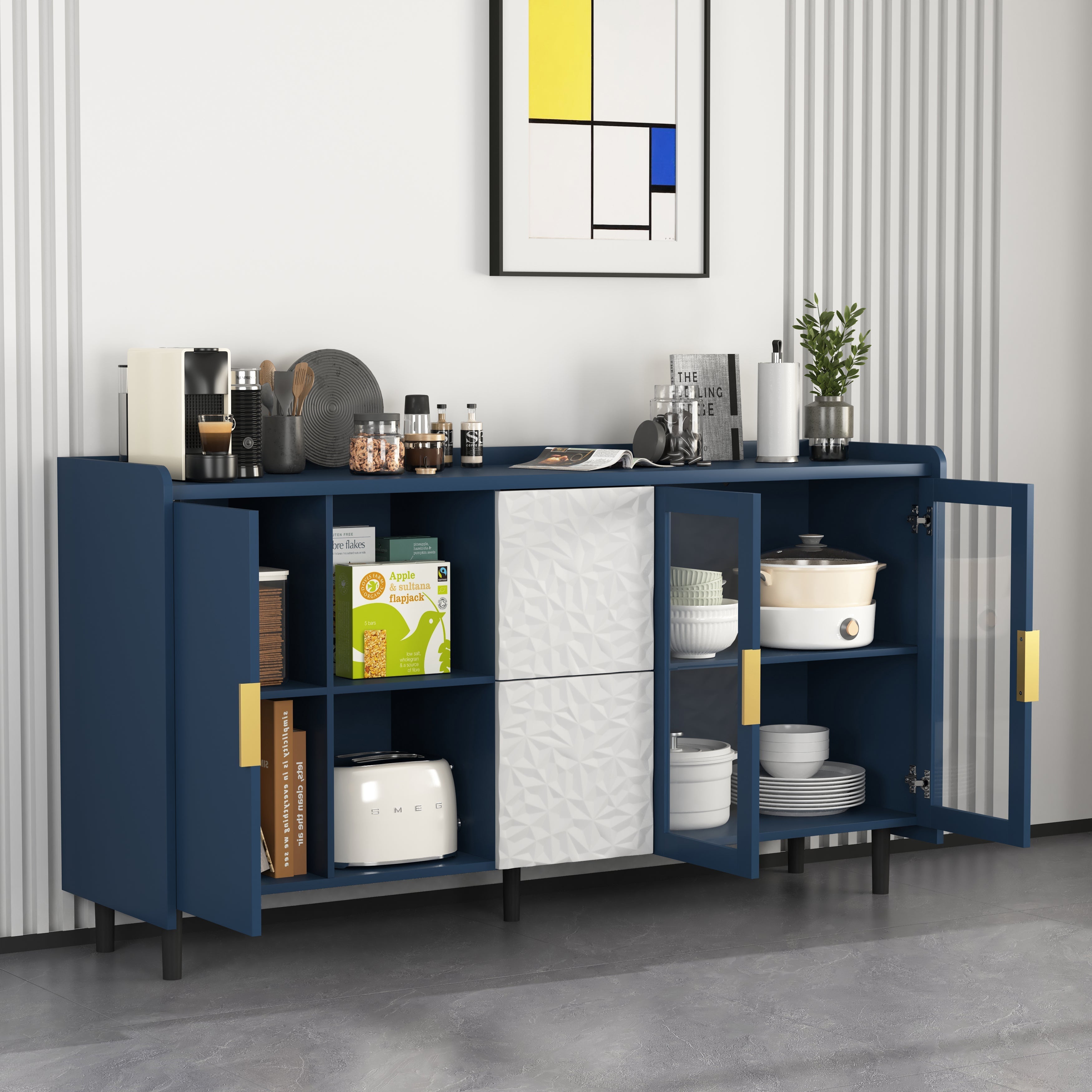 Pantry Cabinet 55-inch 2 Drawers 2 Glass Doors - Blue