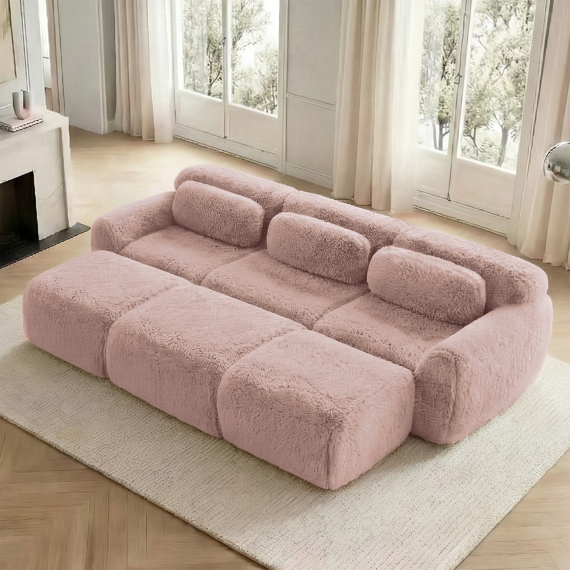 Boneless Cloud Sofas Modular Sleeper Sofa 3-Seater 3 Ottomans - Pink Plush