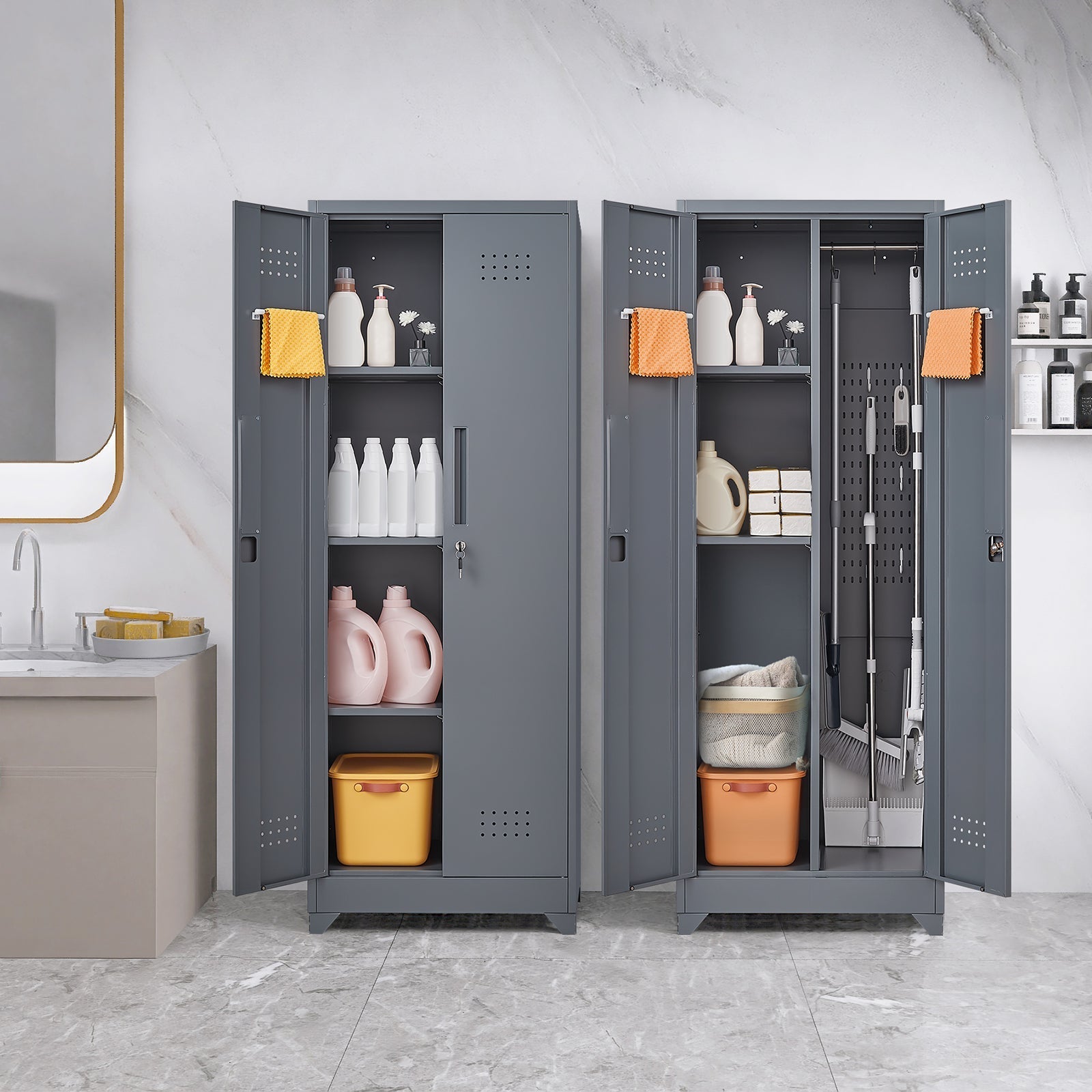 Broom Storage Cabinet with Locking Doors, Shelves and Hanging Rod, 65" H, Metal