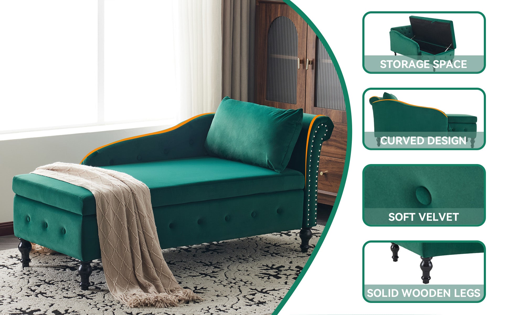 Velvet Chaise Lounge Sofa with Storage, Upholstered, Modern Nailhead-Trim & Button-tufted, Right Armrest