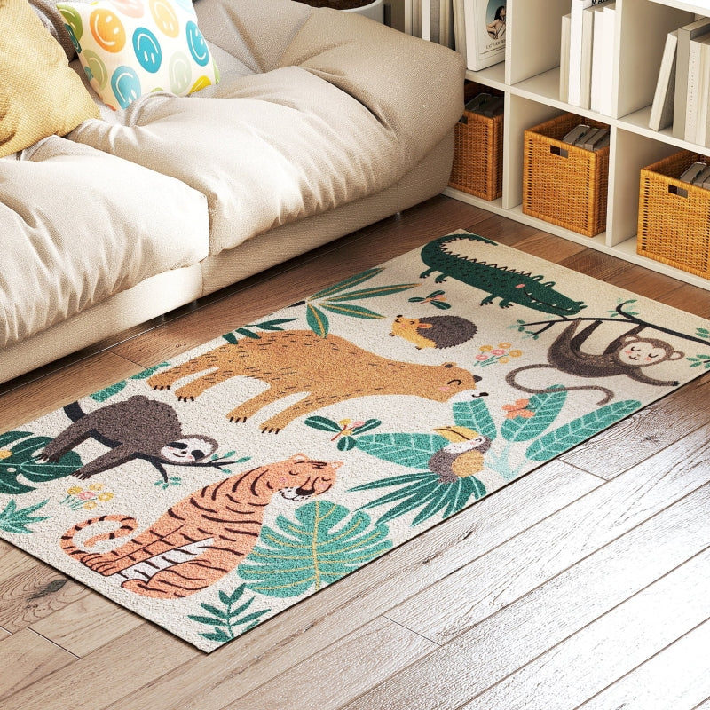 Fleece Rug, Jungle Pattern, Easy-Care, Cream White + Multi-Coloured