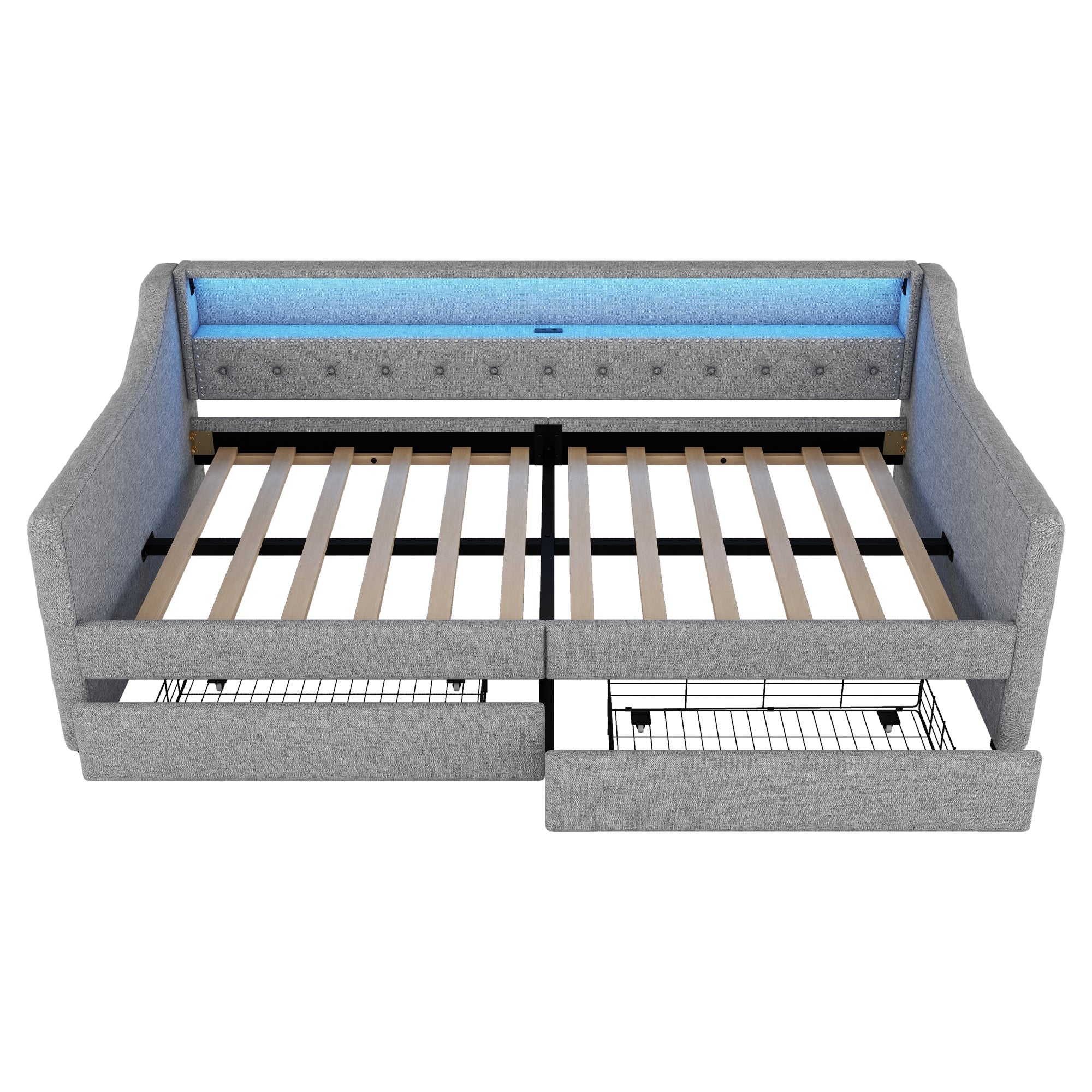 Daybed with LED Lighting, Slatted Base, Drawers and USB Port, Grey Linen