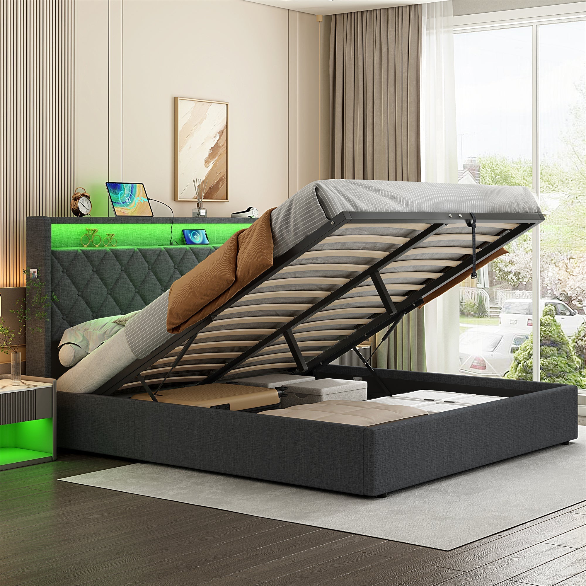 4ft6 Double Upholstered Bed Frame, Hydraulic Storage LED Headboard Charging Station, Linen Grey