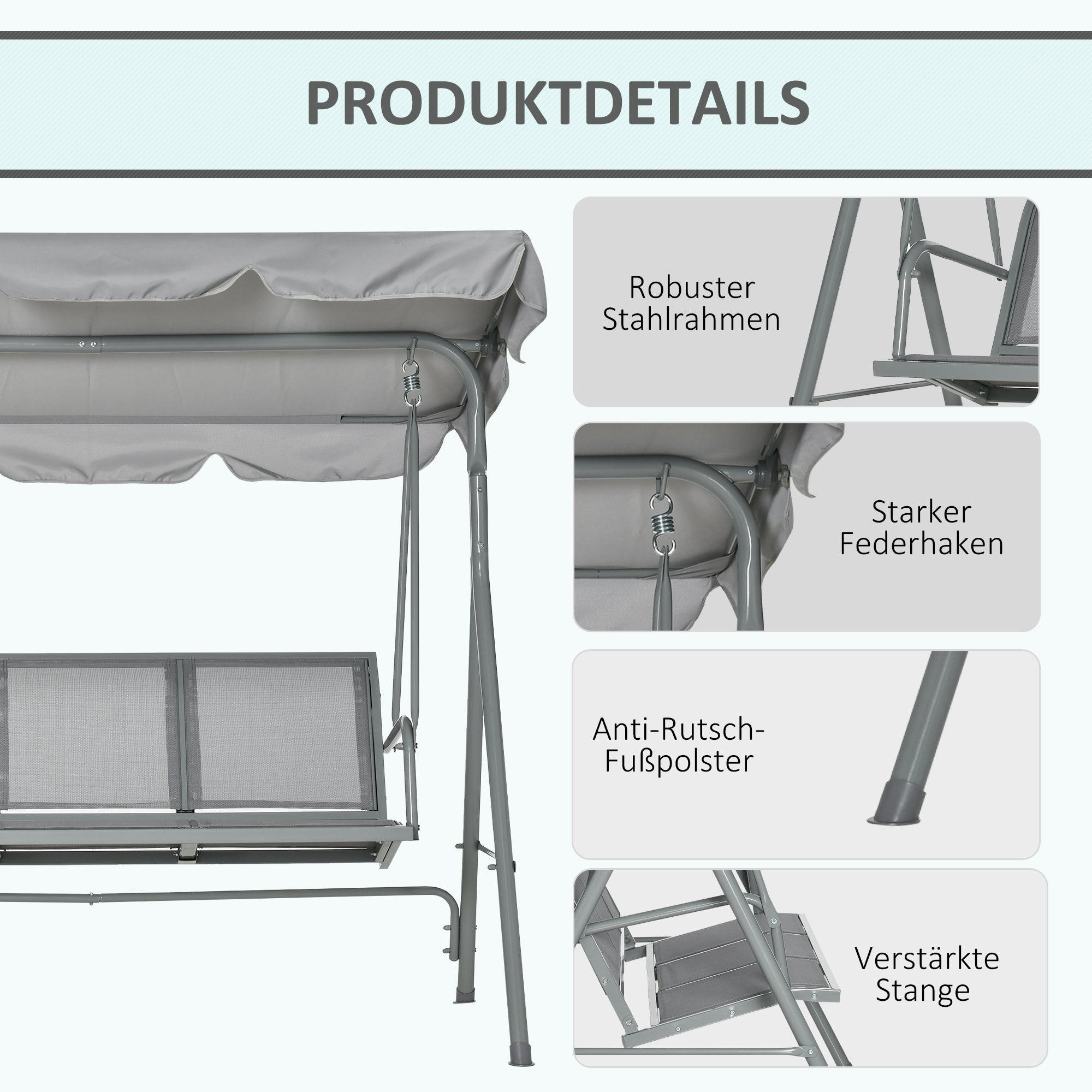 Hollywood Swing 3-Seater Garden Canopy 170x110x153cm, Metal Grey Silver