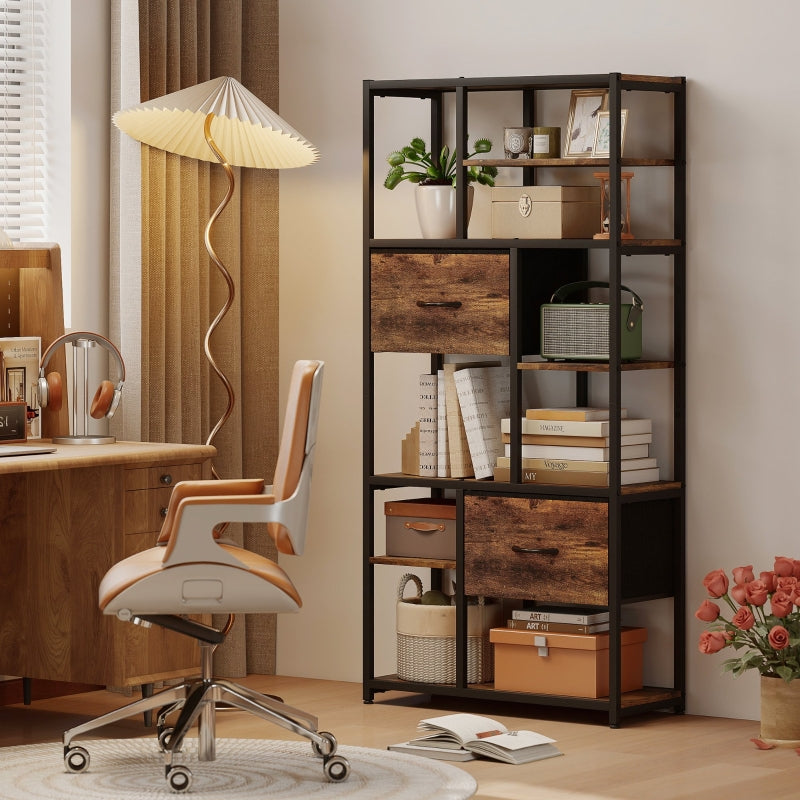 Storage Shelf 9 Open Compartments 2 Drawers Steel Frame - Brown/Black