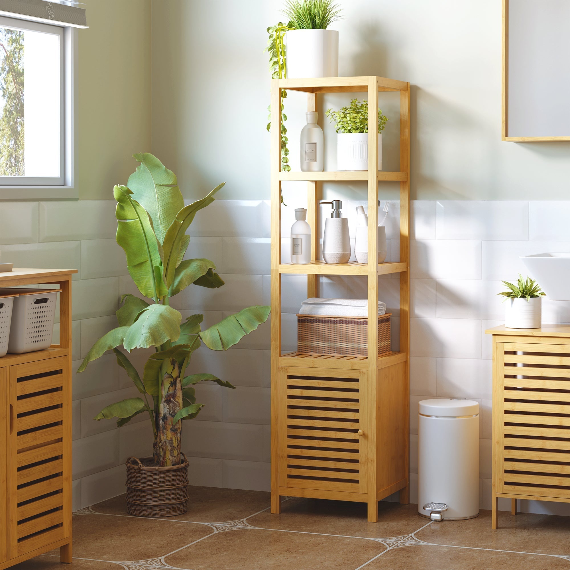 Badezimmerschrank, 3 offene Fächer, Toilettenaufbewahrung, Bambus
