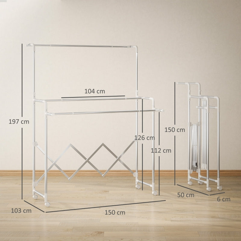 Tower Clothes Drying Rack Foldable 3 Adjustable Rods Wheels - Stainless Steel