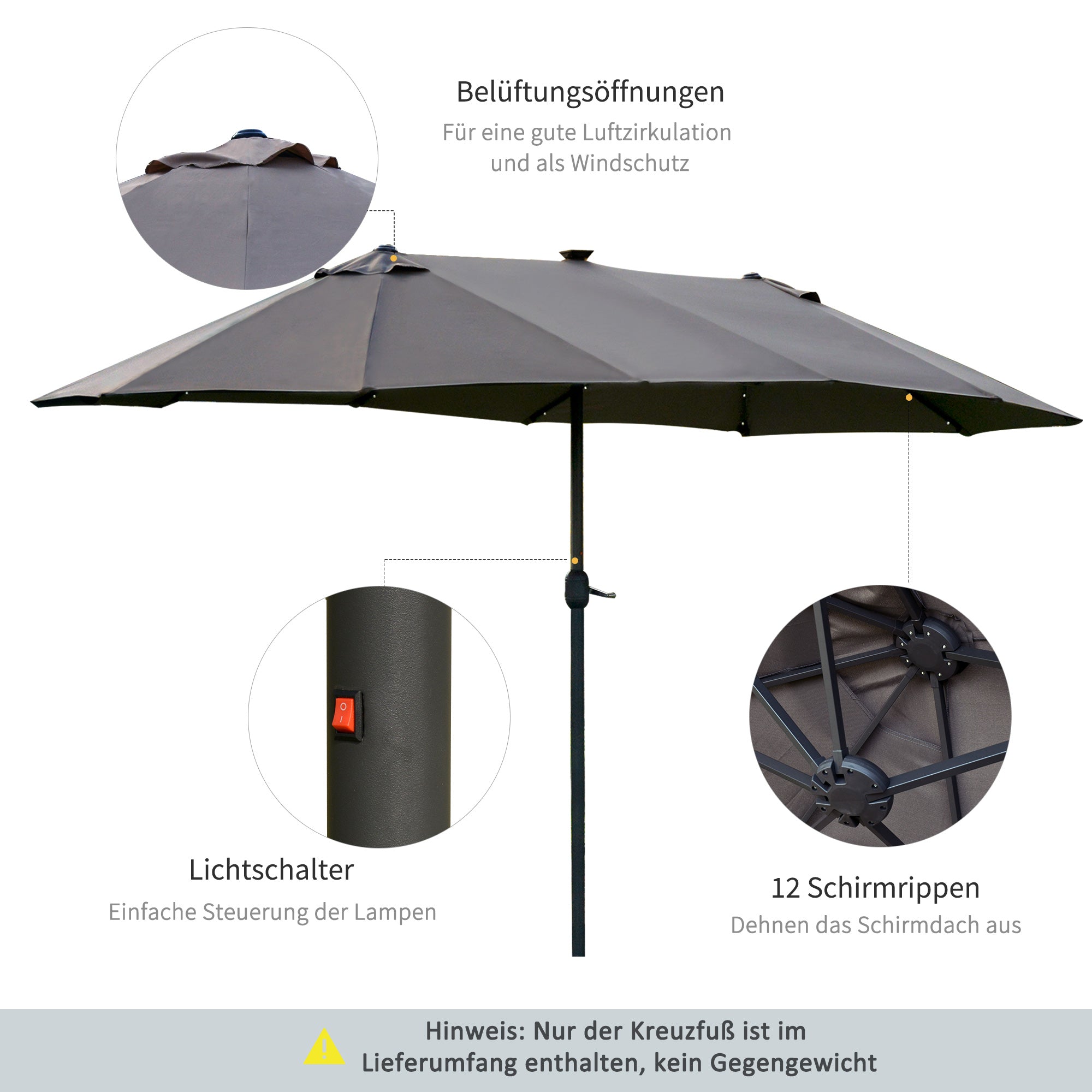 Parasol 440x260cm Double LED Hand Crank Patio Umbrella Dark Grey Metal