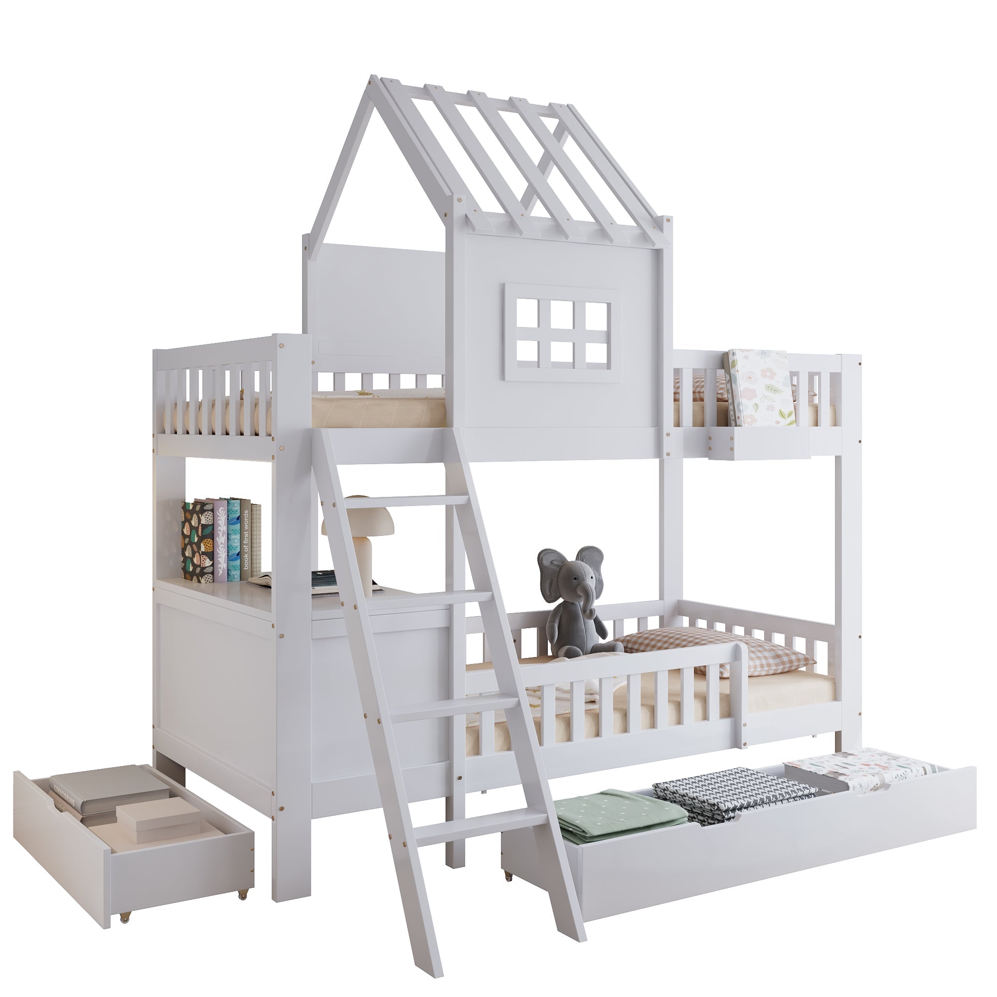 Bunk Bed, Roof & Window with Drawers, Reading Table, Storage Basket, Pine + MDF + Plywood, White
