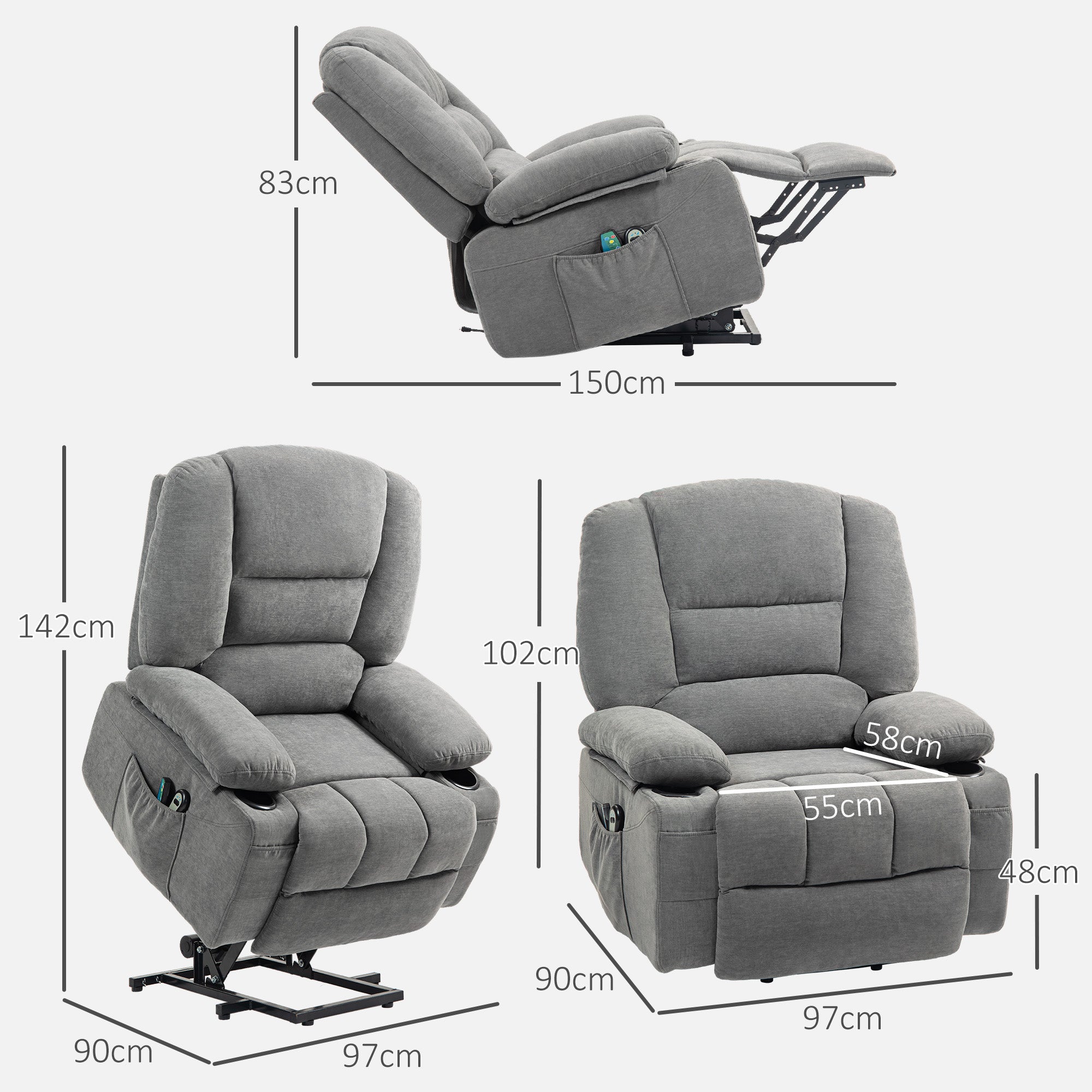 Electric Recliner Lift Massage Heating Side Pocket, Dark Grey