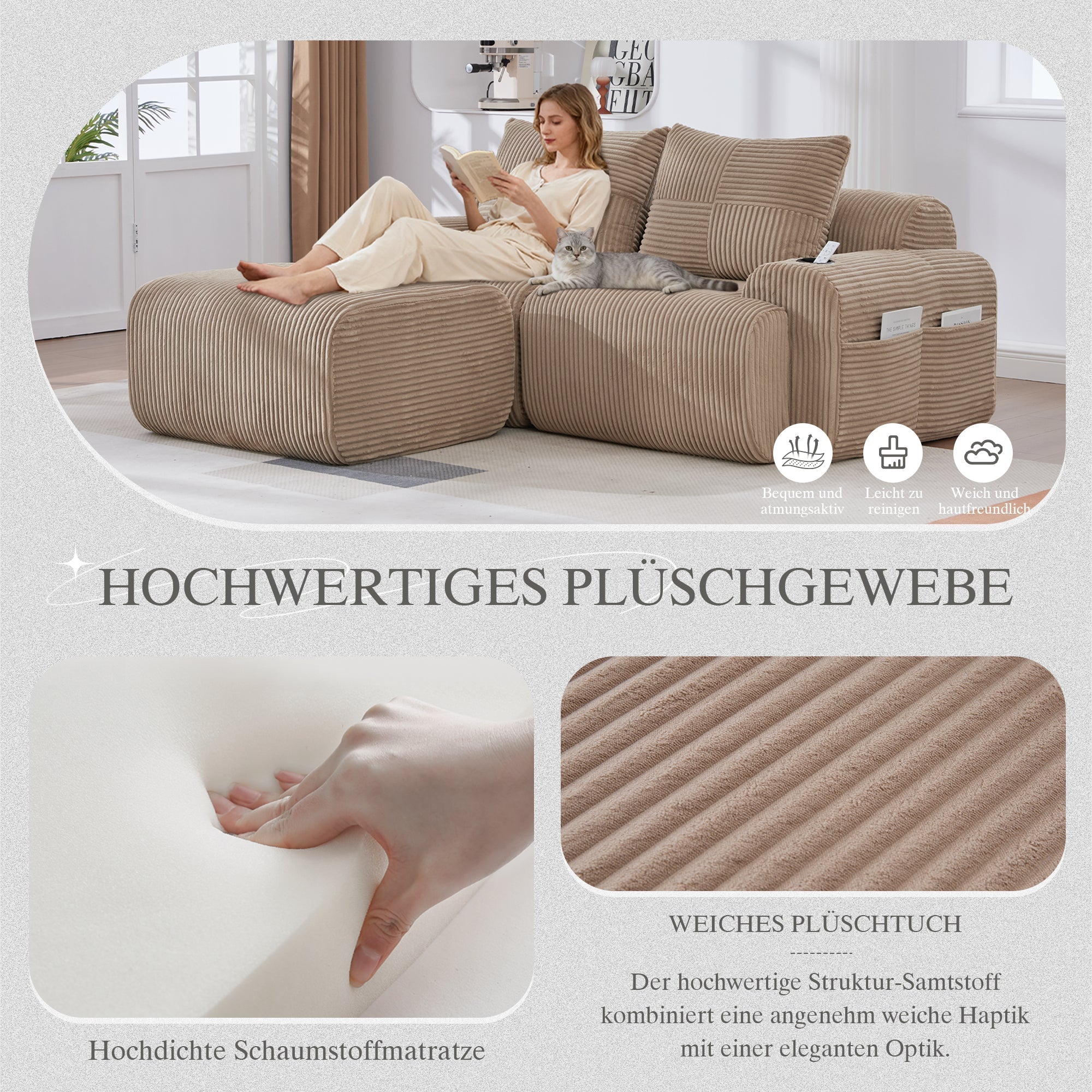 Modular Corduroy Sofa with Ottomans, Cup Holder and Side Pocket, Khaki