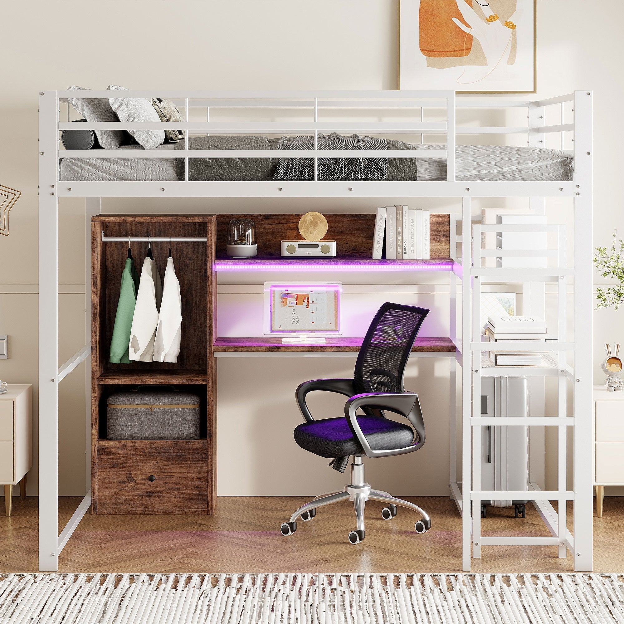 Loft Bed 140x200cm with LED Lights Desk Drawer Shelves Stairs Metal White