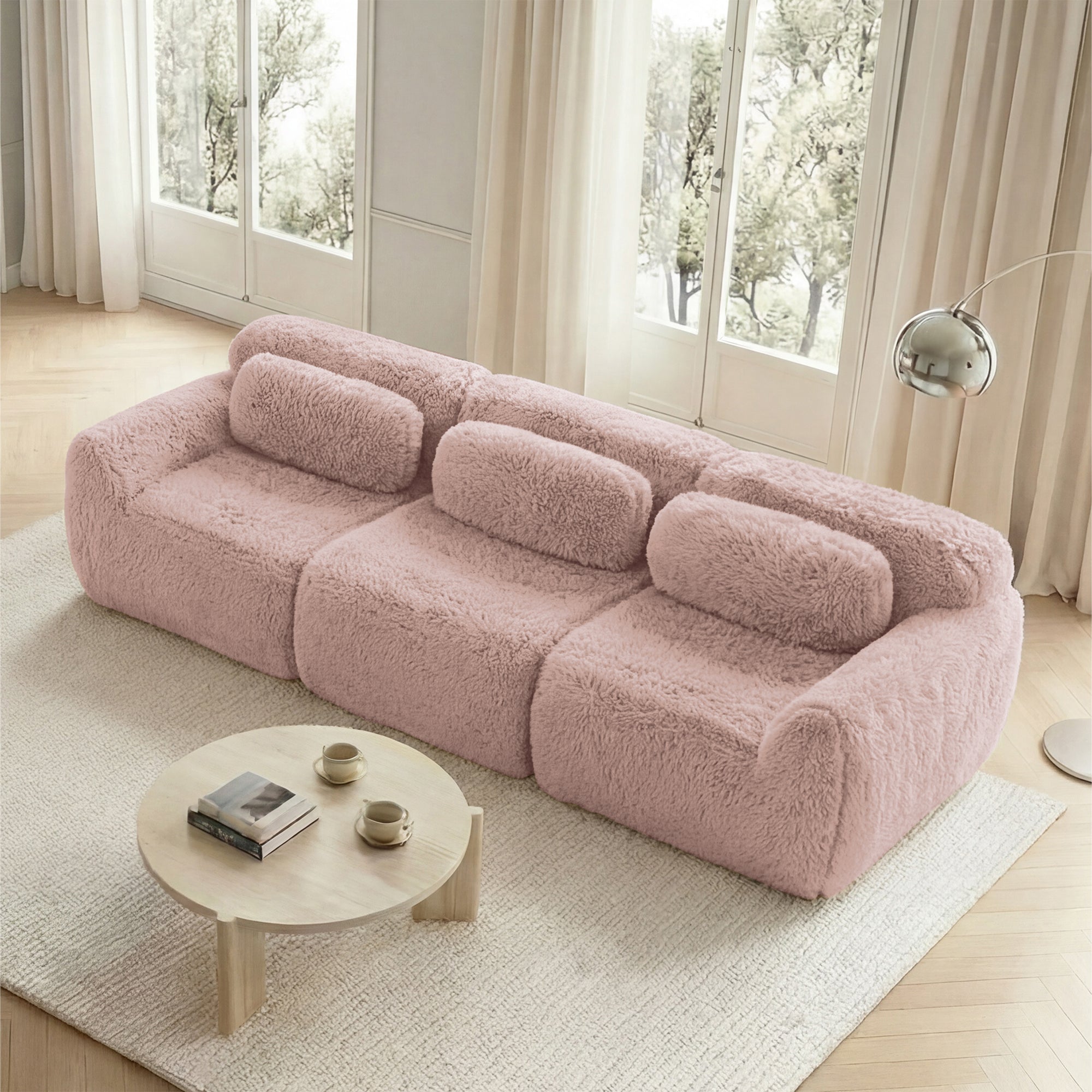 3-seater Deep Sofa Modular Plush Fabric with Cushions - Pink