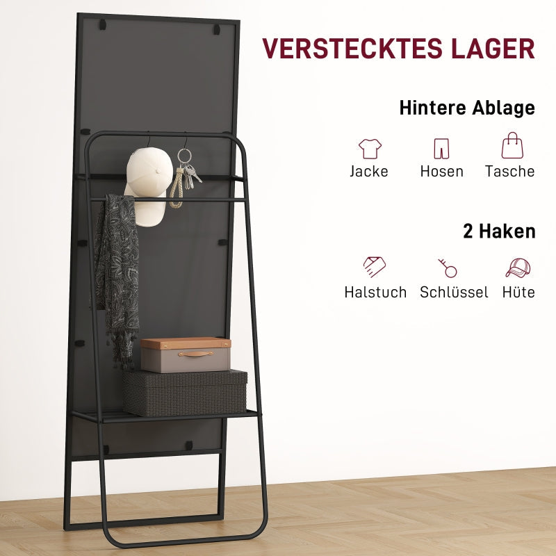 Ganzkörperspiegel, Industriedesign, Ablage hinten, 2 Haken, Metall, Schwarz