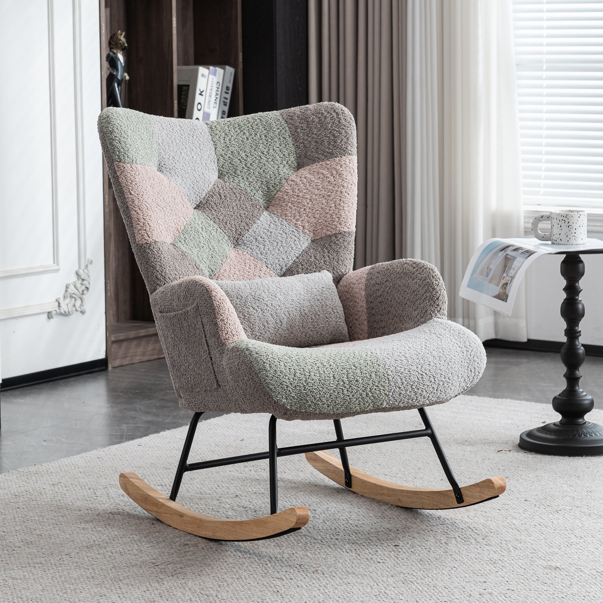 Rocking Chair with Footrest & Lumbar Cushion, Sturdy Rubberwood, Multicolored