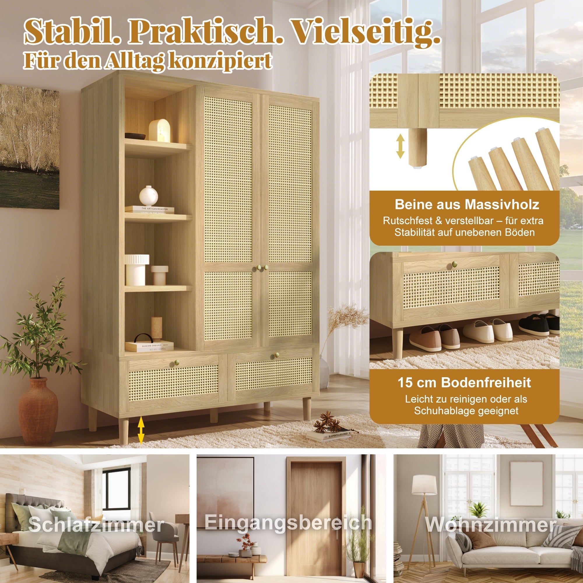 Wardrobe with 2 Doors, Rattan Weave, Shelves, Clothes Rail and 2 Drawers, Oak Look