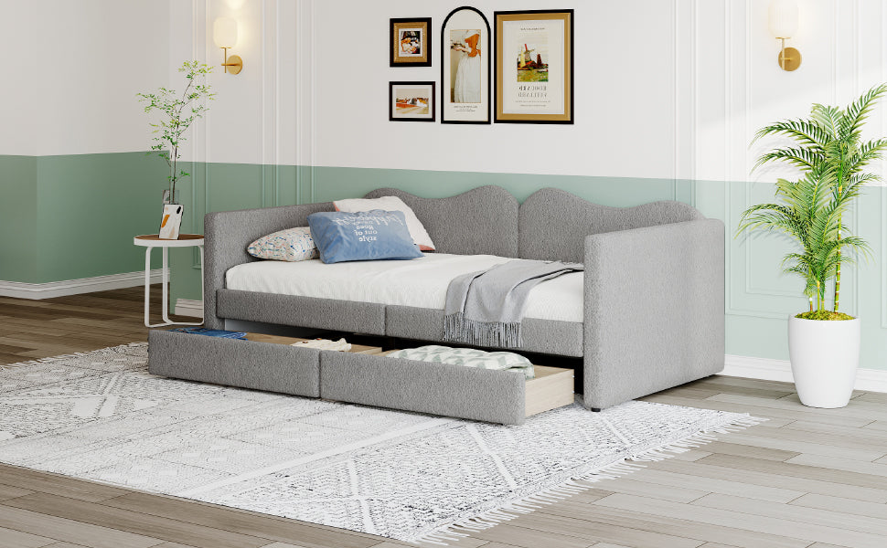 Children's Bed, Upholstered Sofa Bed with 2 Drawers, Teddy Bear Fabric, Gray