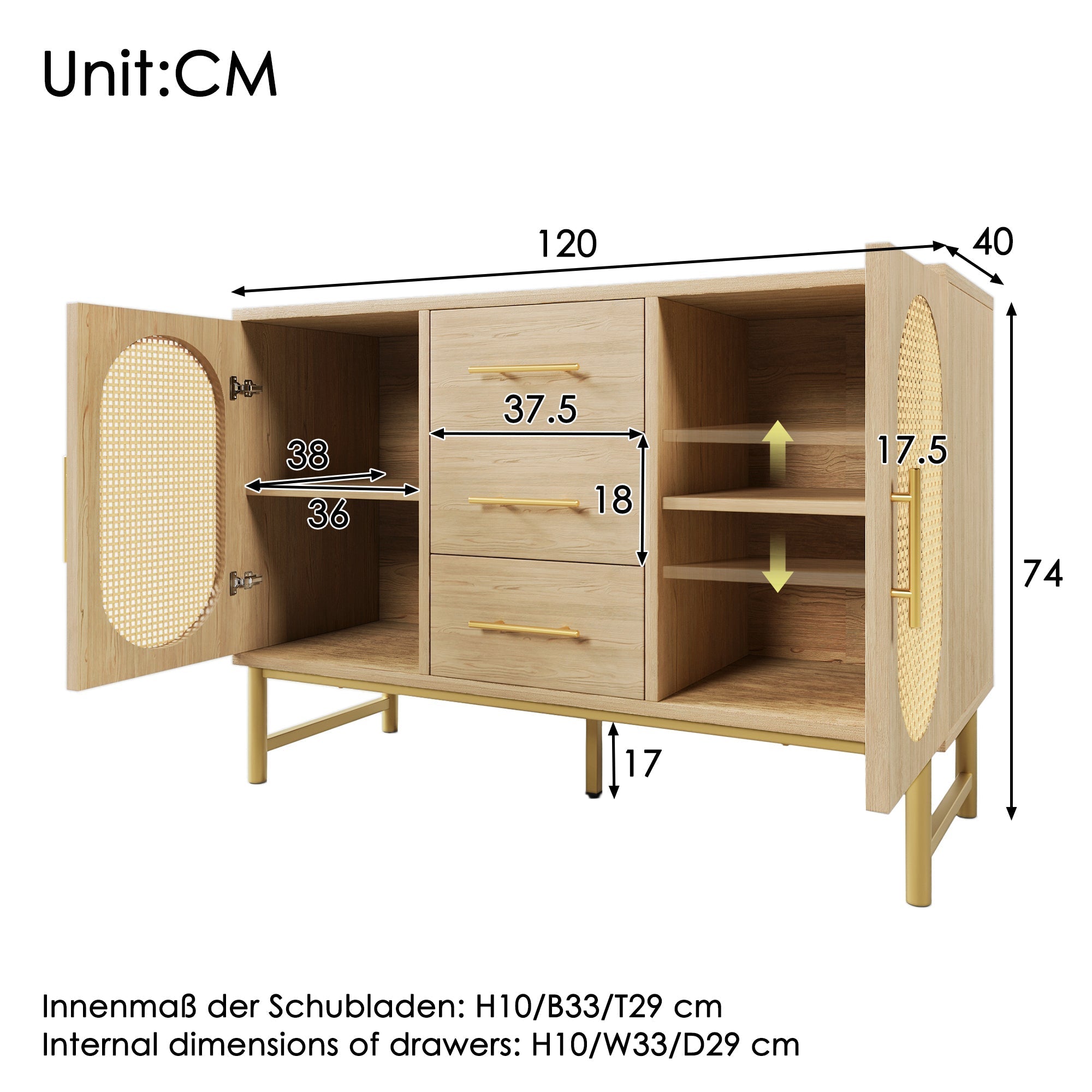Rattan Sideboard 3 Drawers 2 Doors Adjustable Shelves 120x40x74cm Sonoma Oak