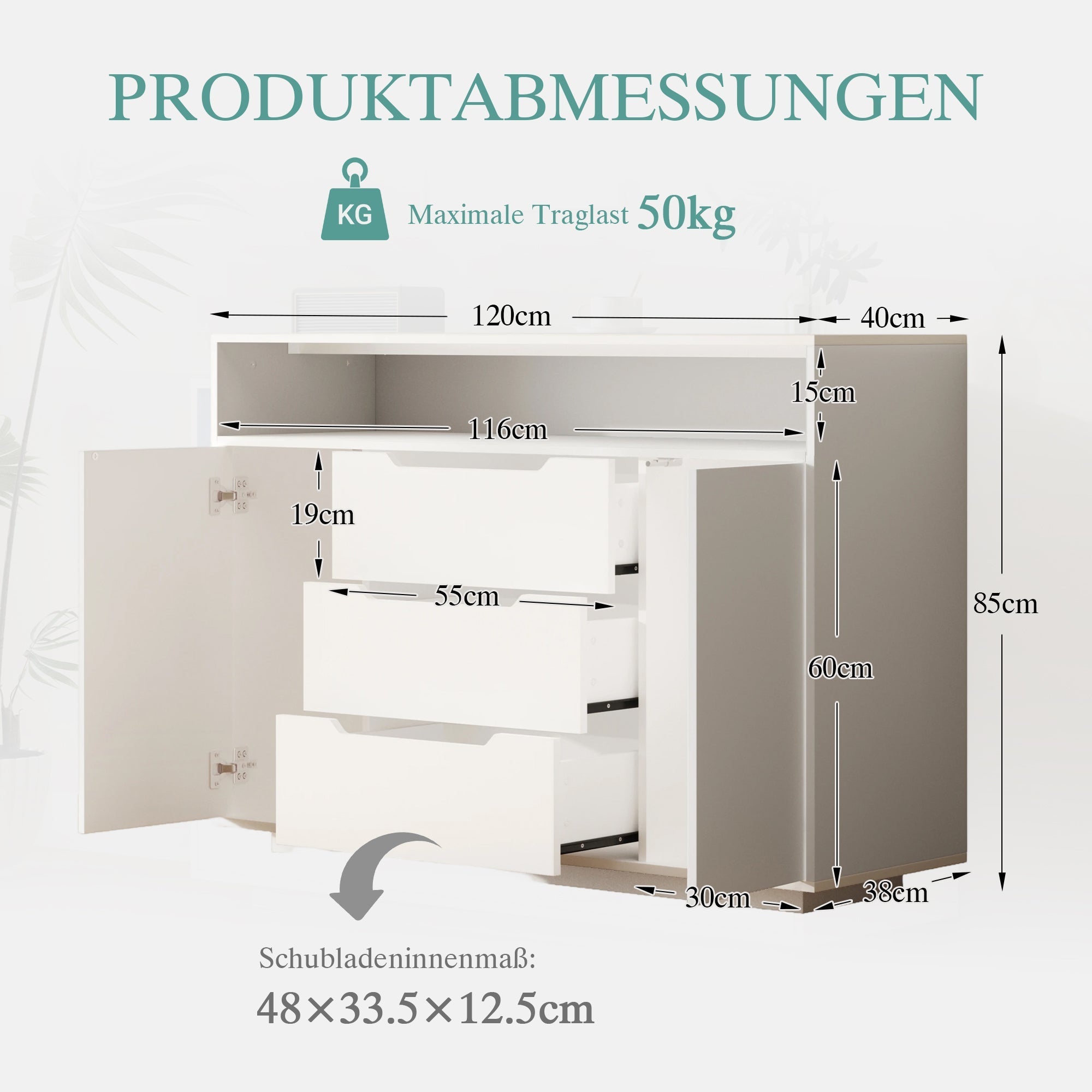 Multi-functional Cabinet with Open Shelving, Three Drawers and Side Doors, Matte White