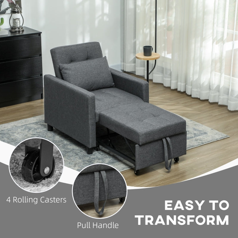 3-In-1 Chair Bed, Convertible Sleeper with Adjustable Backrest, Pillow and Footrest, Dark Grey