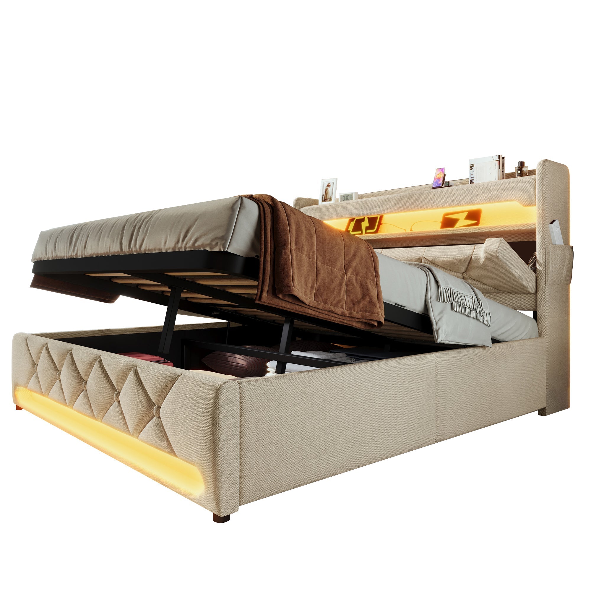 Upholstered Double Bed 140*200, Storage Headboard with USB & Type-C, 360-Surround LED, Hydraulic Lift, Beige Linen