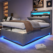 Upholstered Bed with LED Lighting, Hydraulic Storage and USB Ports, Grey Linen Fabric