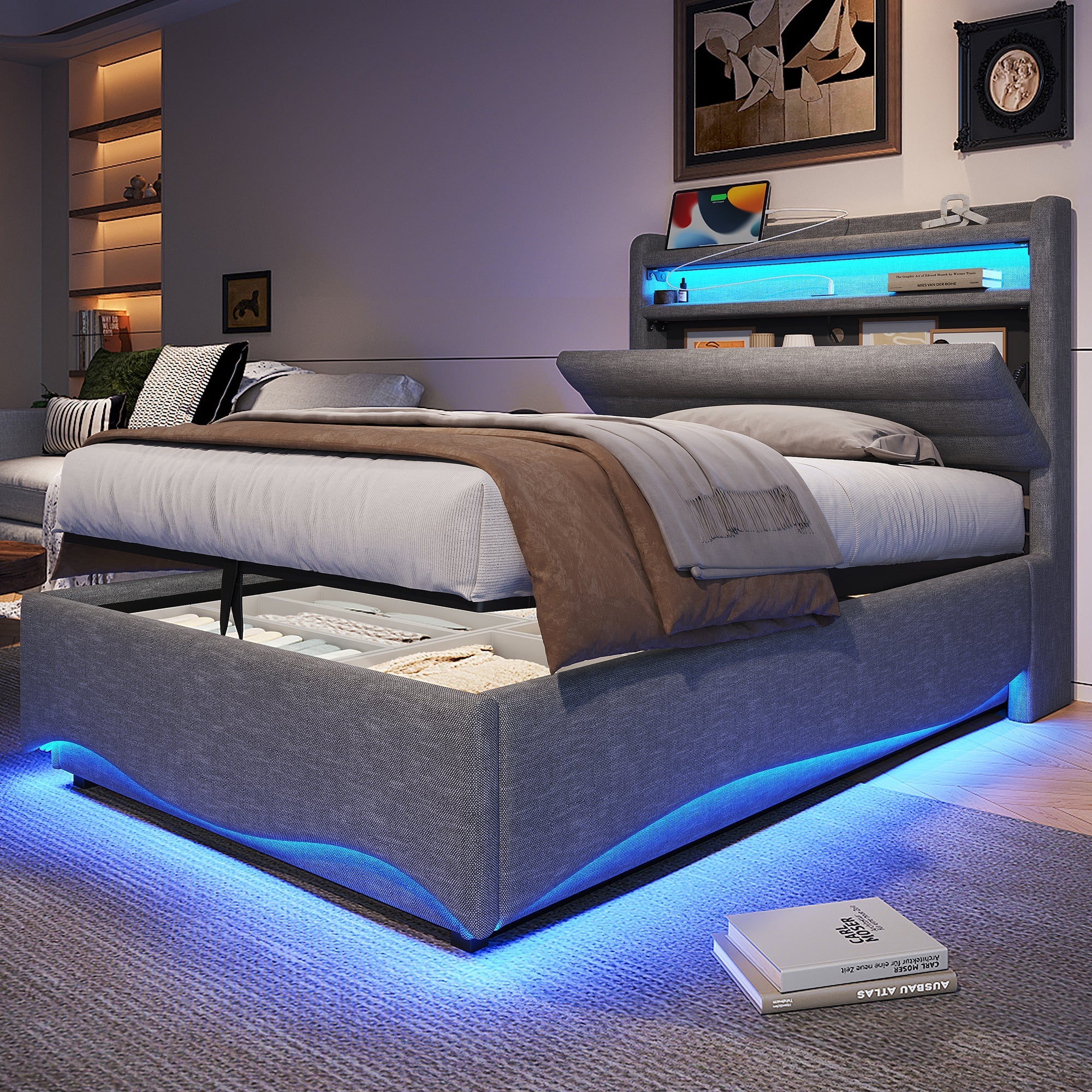 Upholstered Bed with LED Lighting, Hydraulic Storage and USB Ports, Grey Linen Fabric