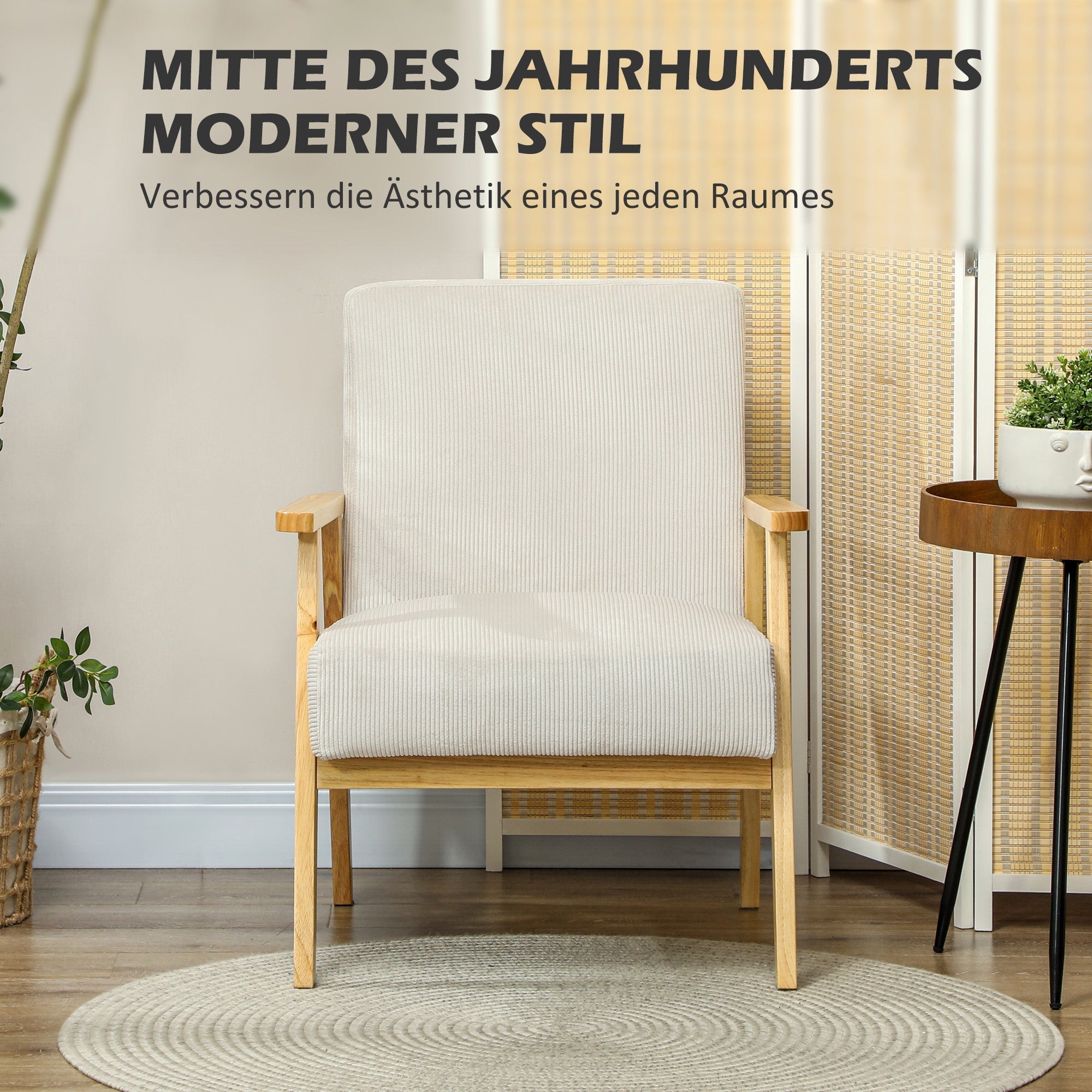 Armchair Lounge Chair, Wooden Legs, Upholstered, Cream White