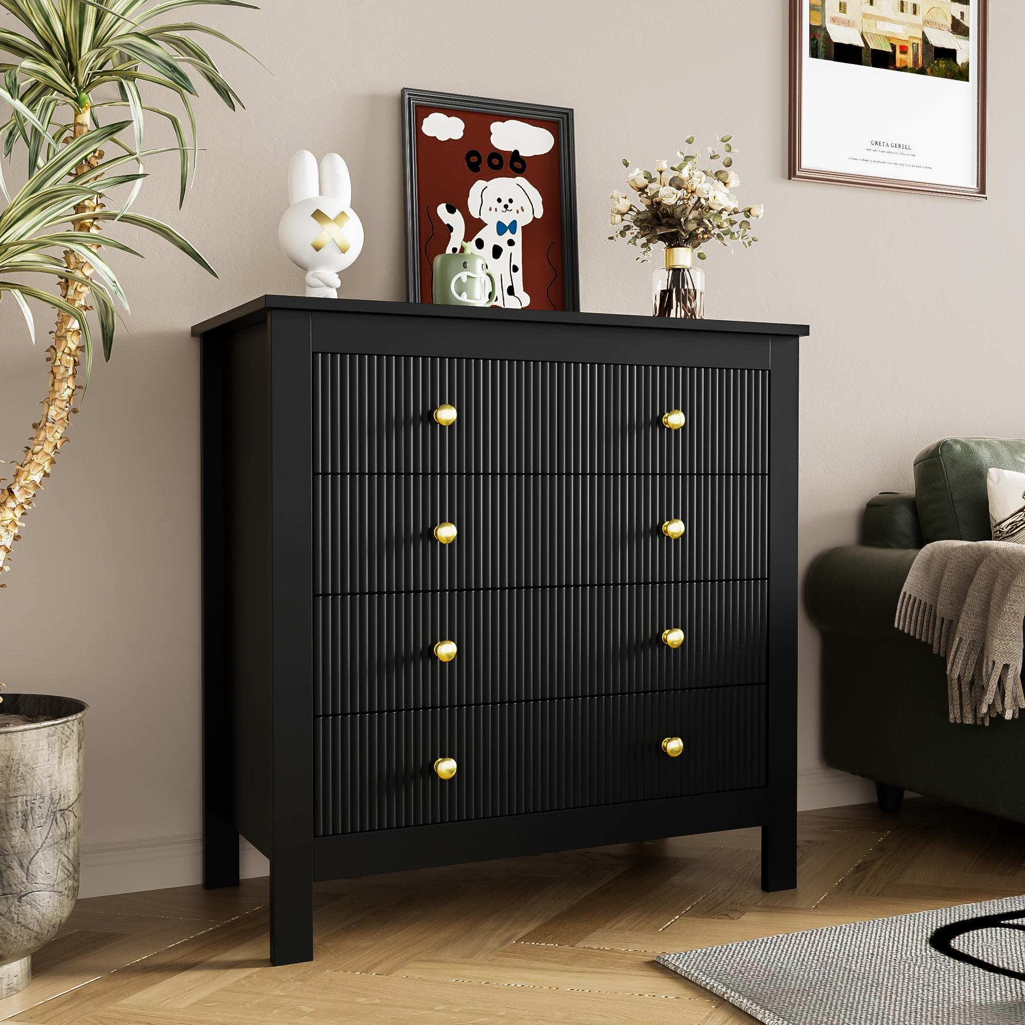 Sideboard, chest of drawers with special doors, gold handles