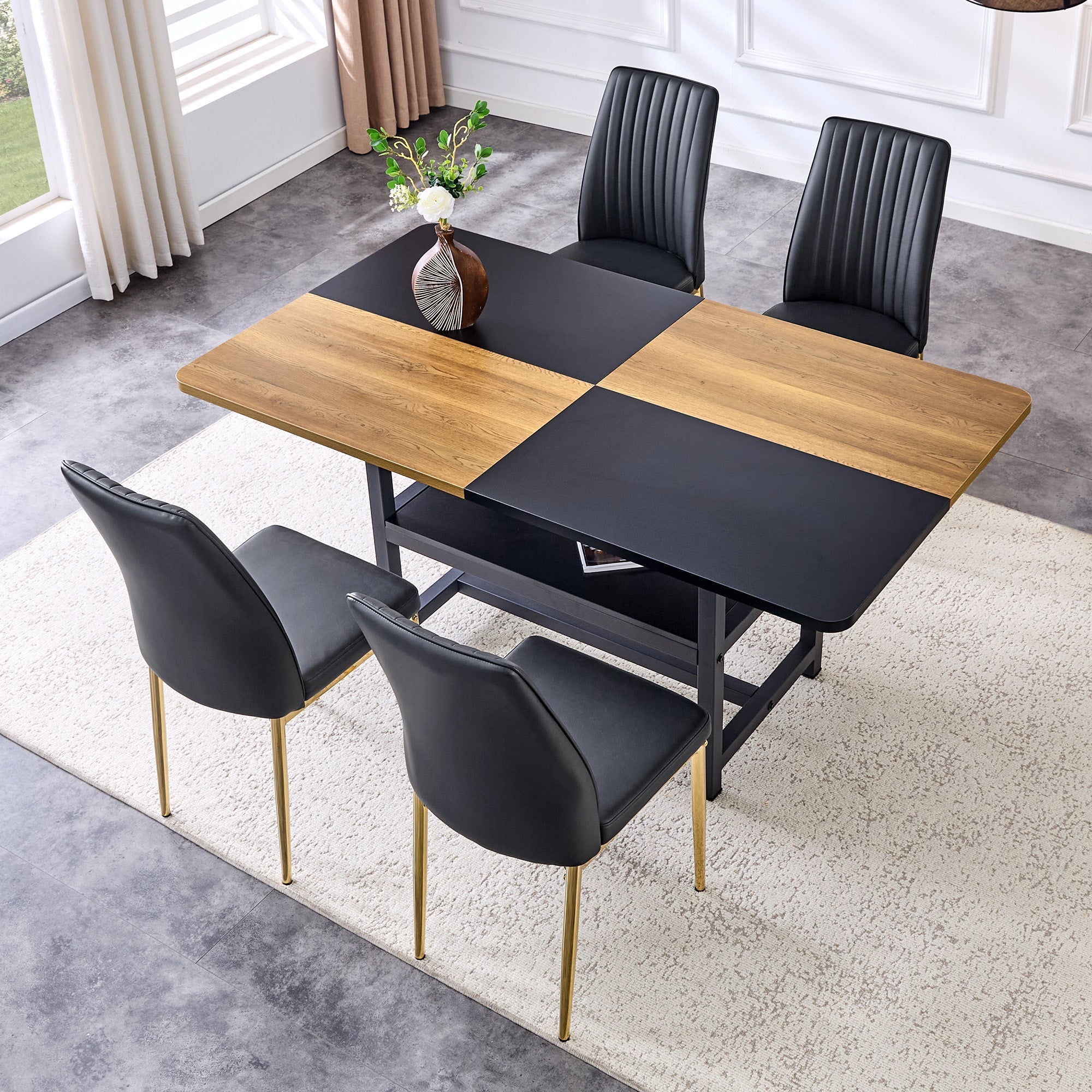 Dining Table Set Modern Minimalist Round Glass Table 4 Chairs - Faux Leather Black