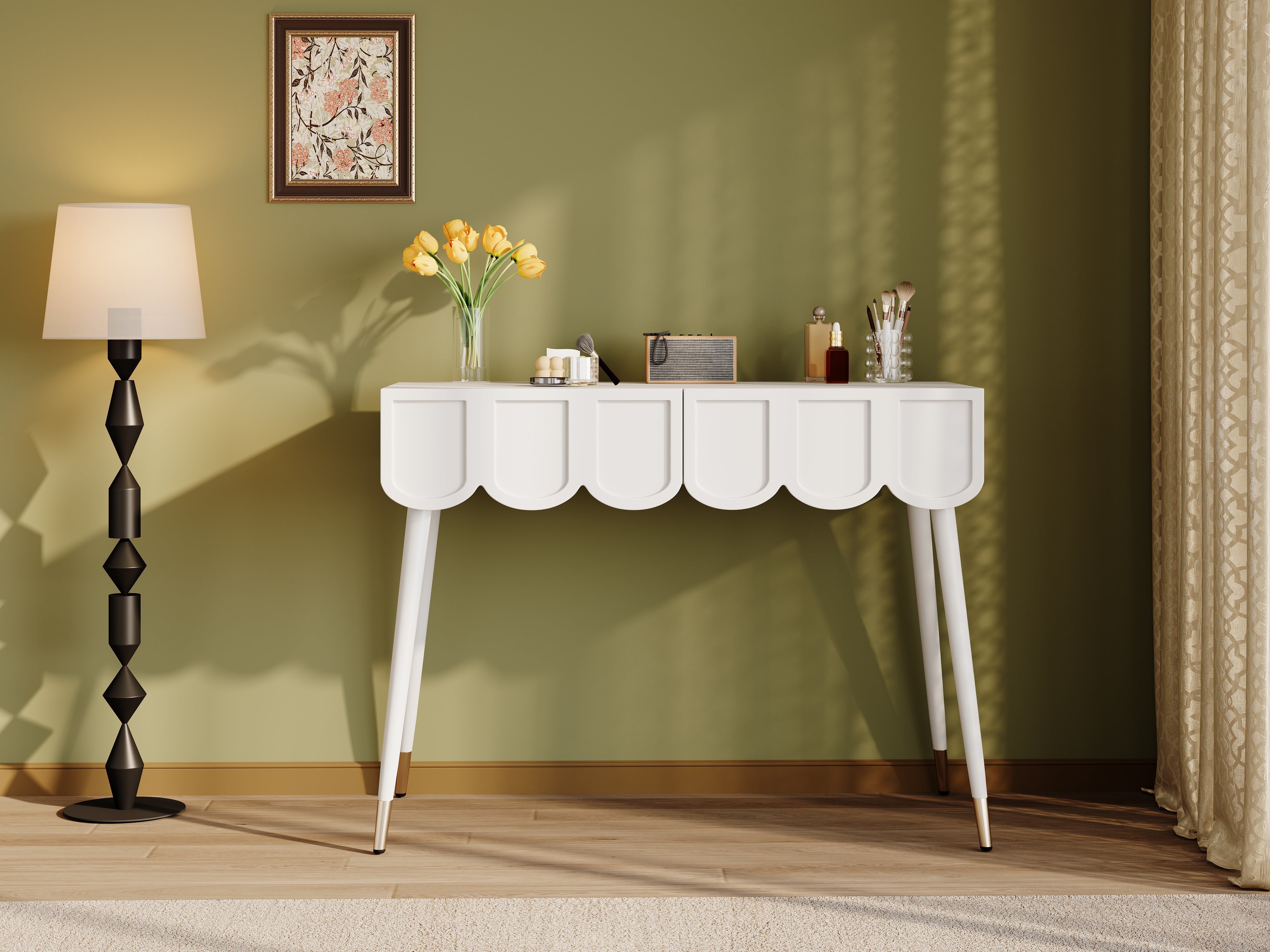 Dressing Table with 2 Drawers and Metal Legs, White